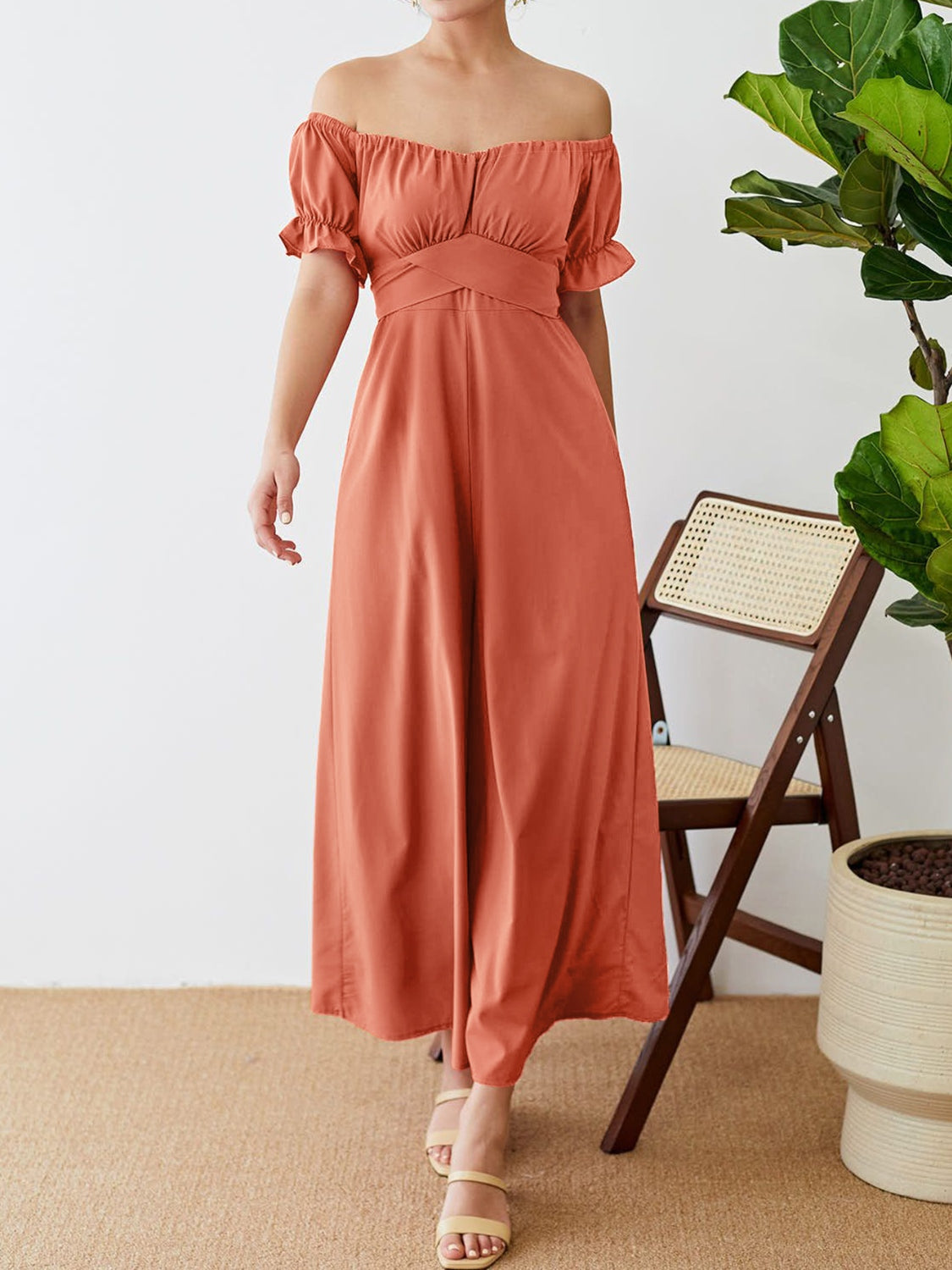 Off-Shoulder Short Sleeve Wide Leg Jumpsuit