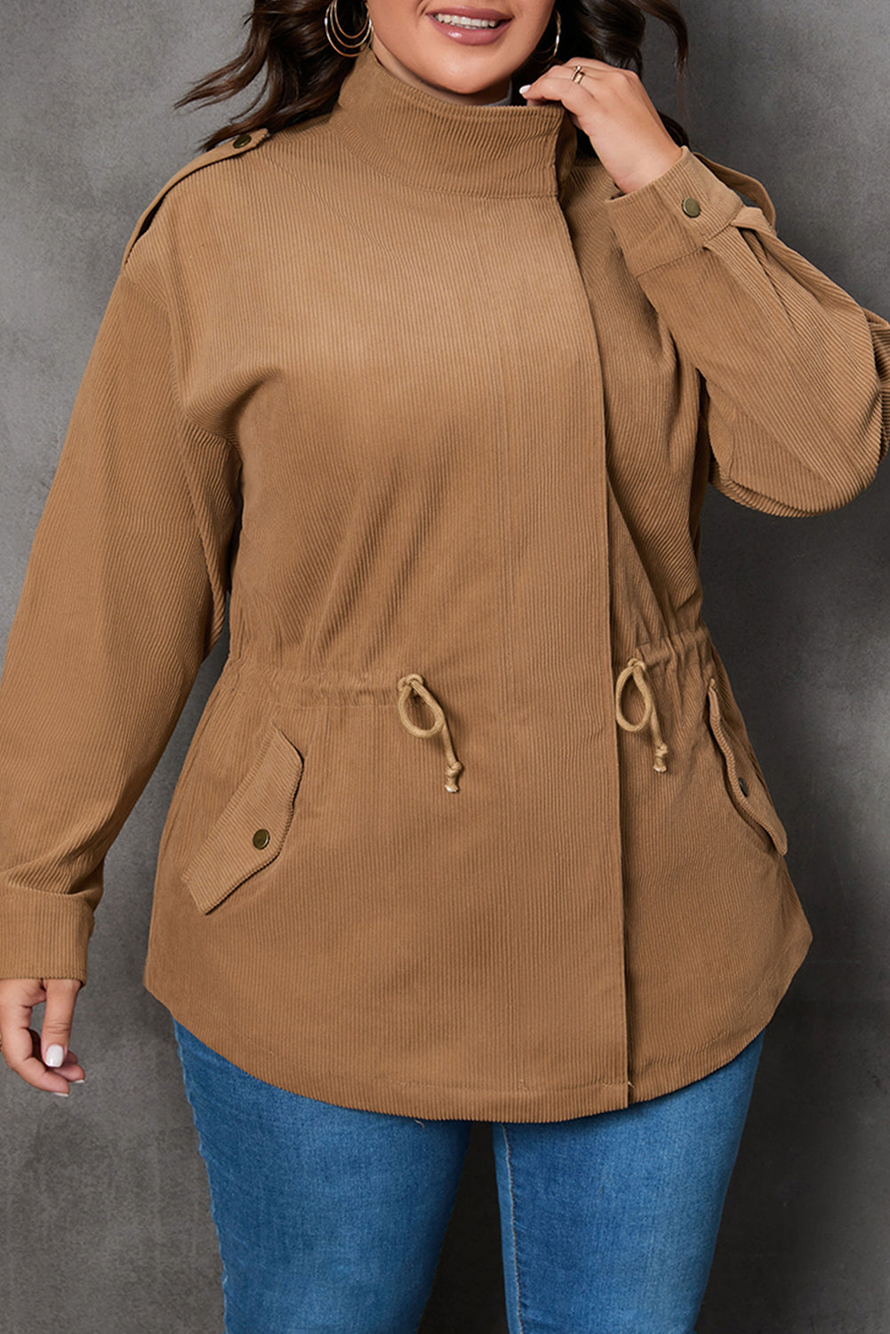 Plus Size Zipper & Snap Down Jacket