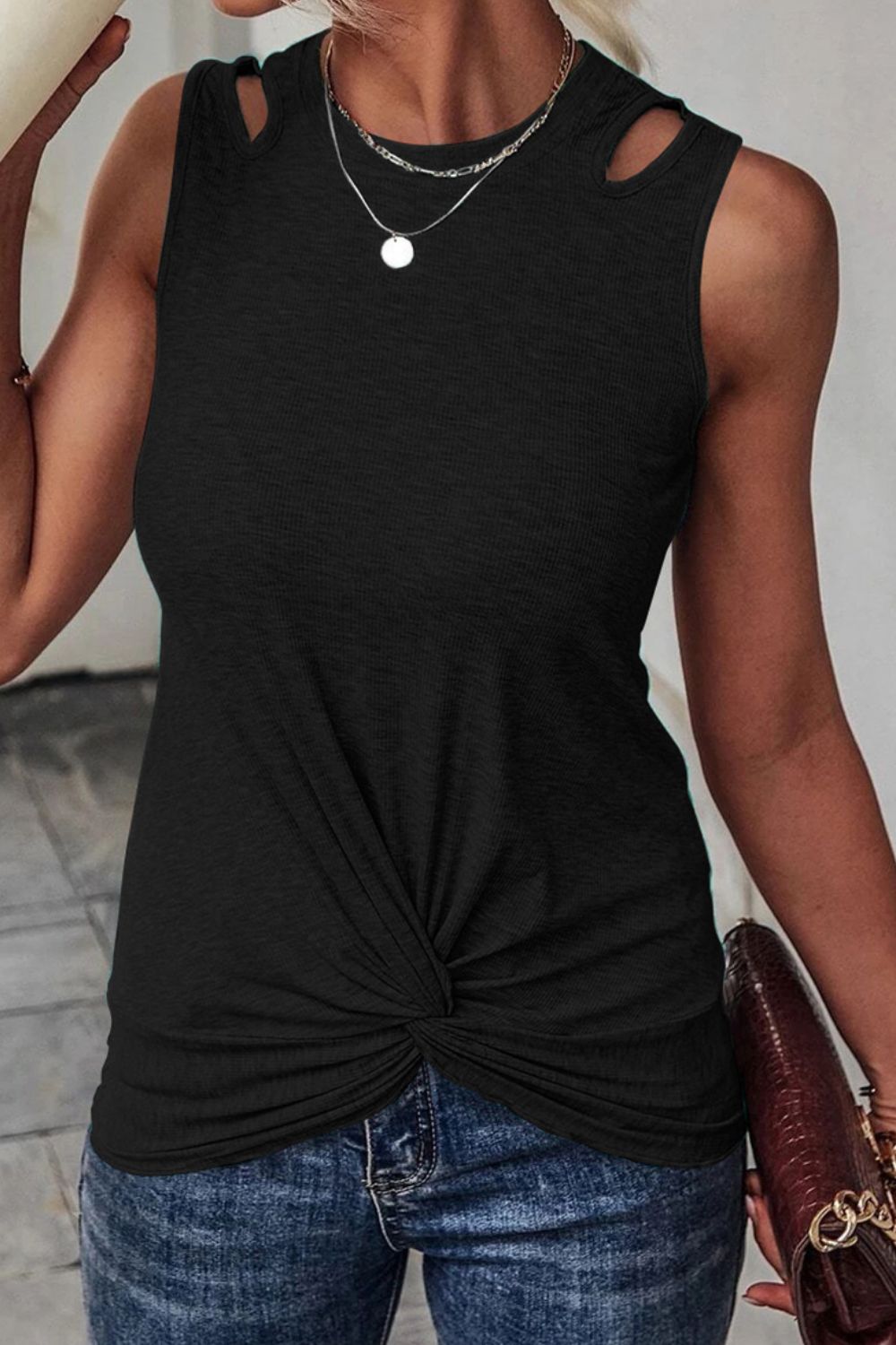 Twisted Hem Cutout Round Neck Tank