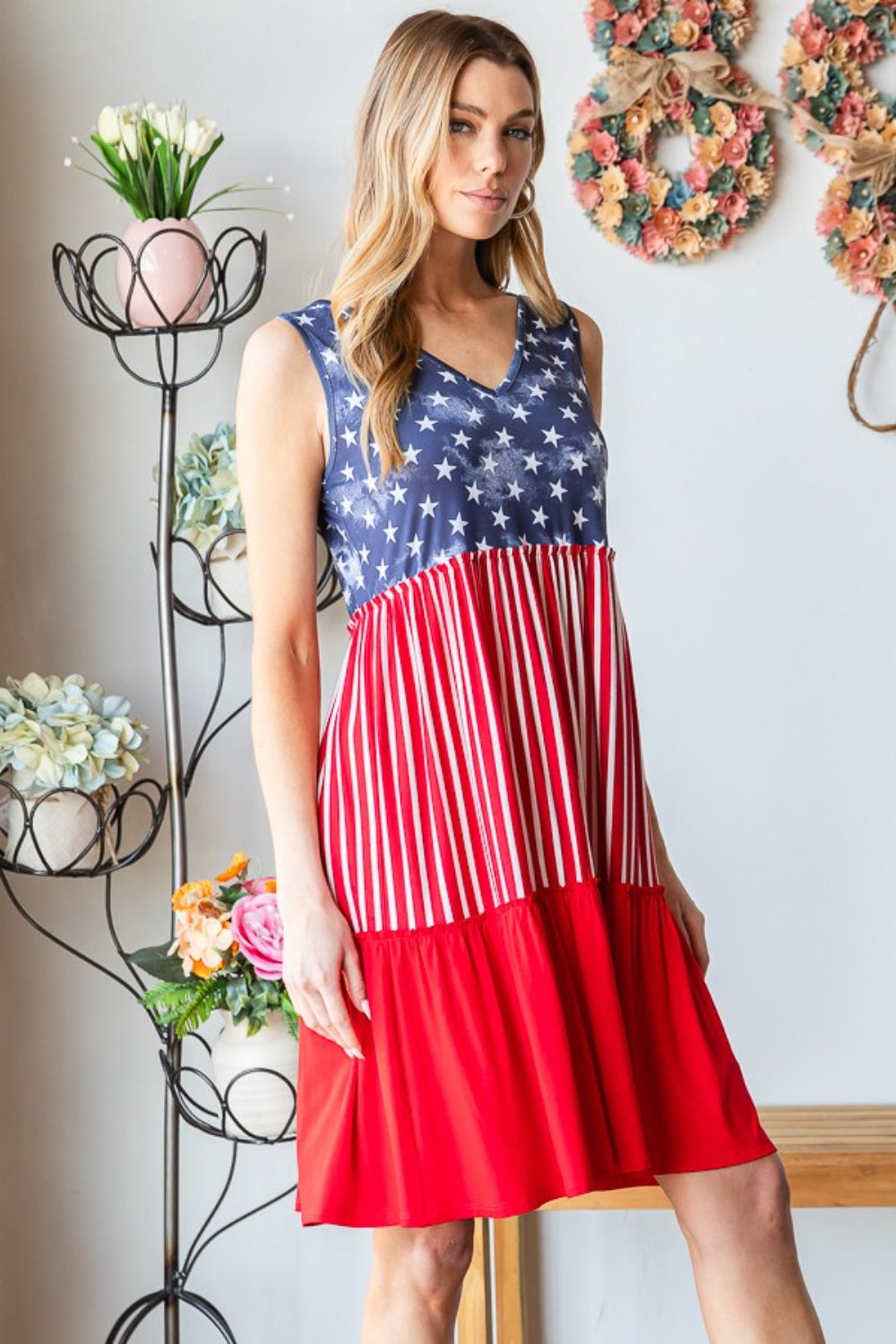 Heimish Full Size US Flag Theme Contrast Tank Dress