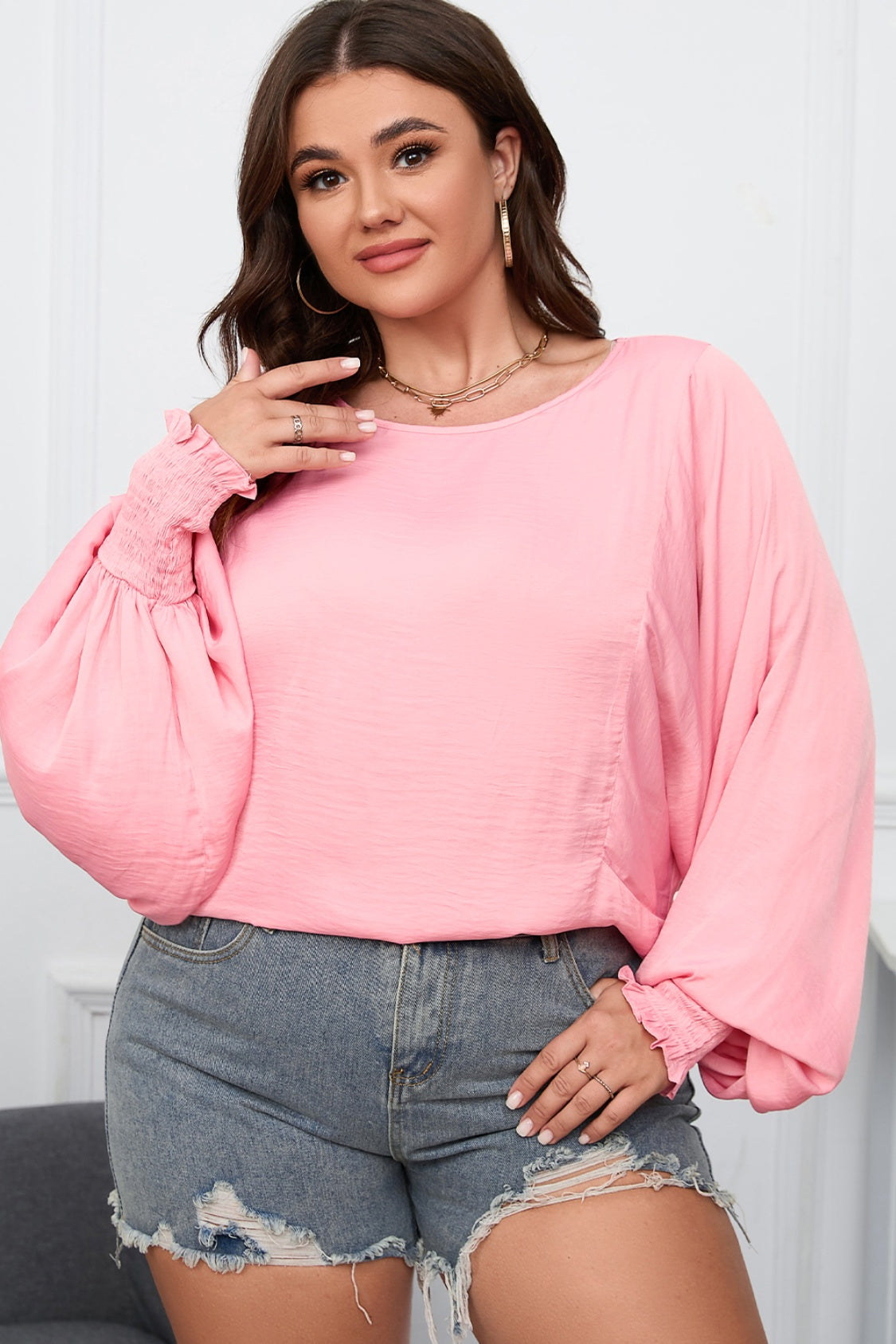 Plus Size Lantern Sleeve Dropped Shoulder Blouse