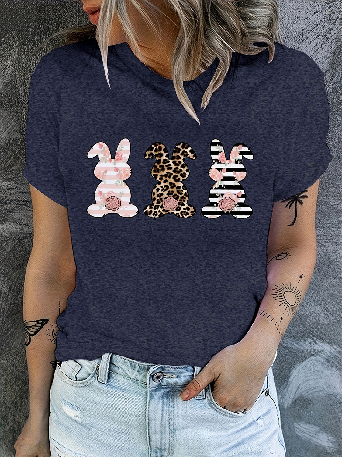 Rabbit Graphic Round Neck Short Sleeve T-Shirt