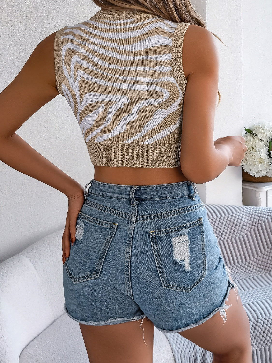 Cutout Animal Print Round Neck Tank