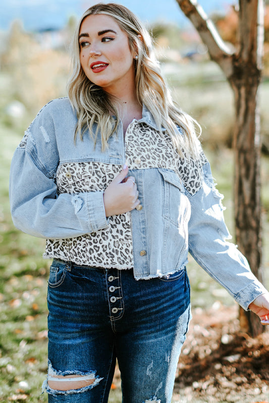 PlusSize Leopard Raw Hem Distressed Denim Jacket