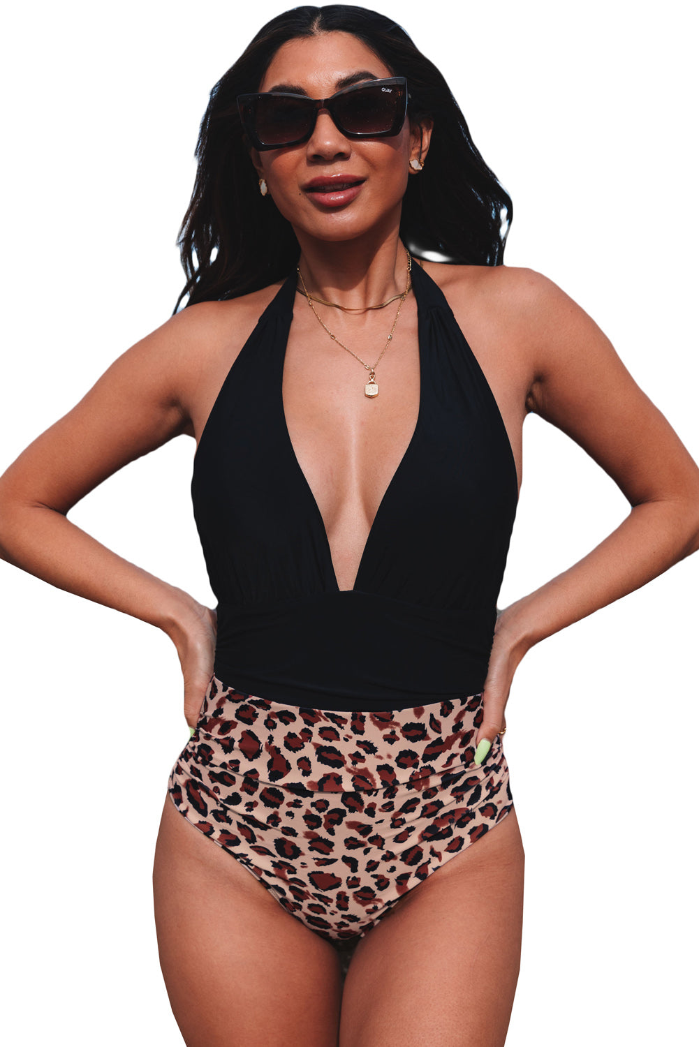 Plunge V Neck Leopard Bottom Swimsuit