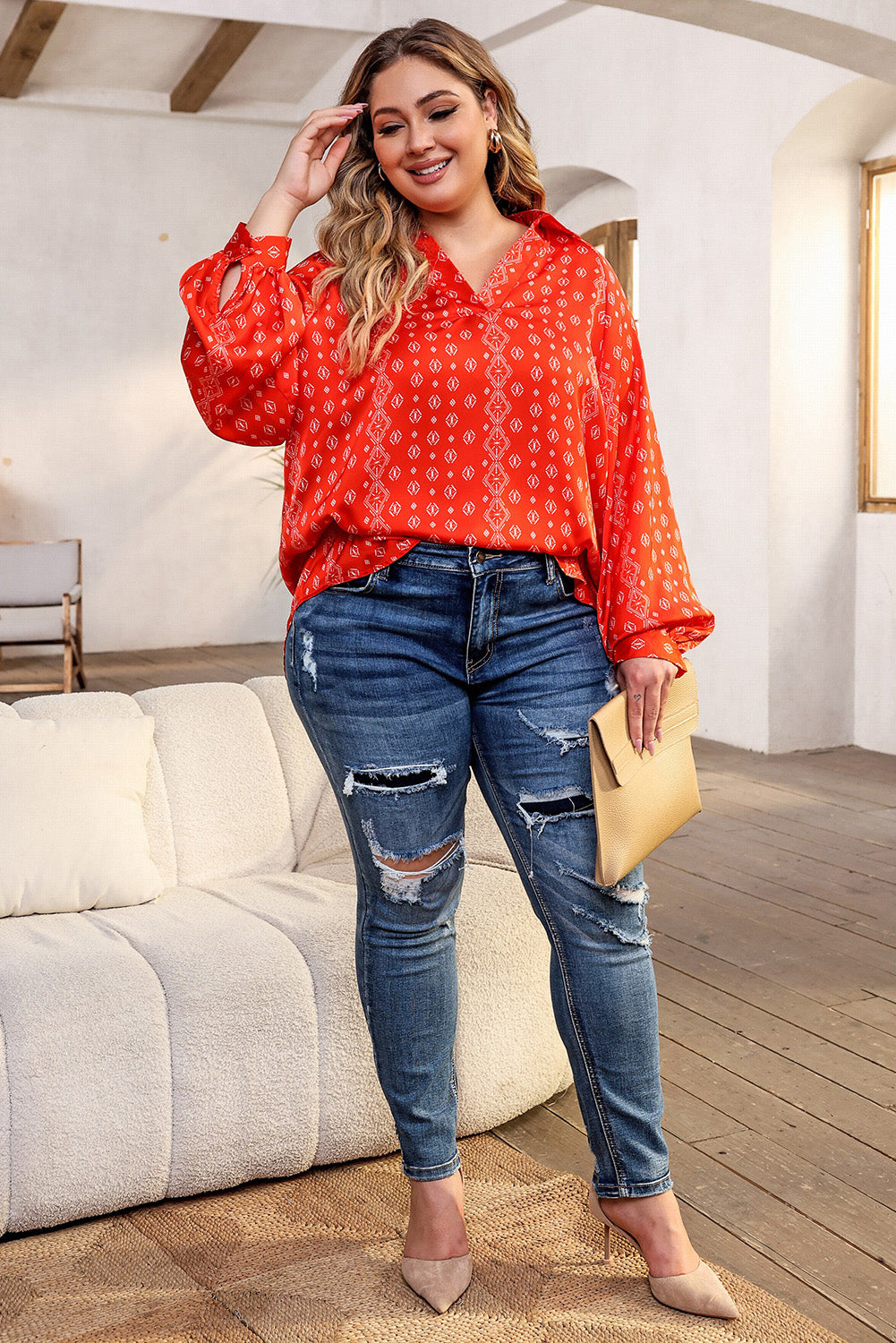 Plus Size Printed Johnny Collar L/S Blouse