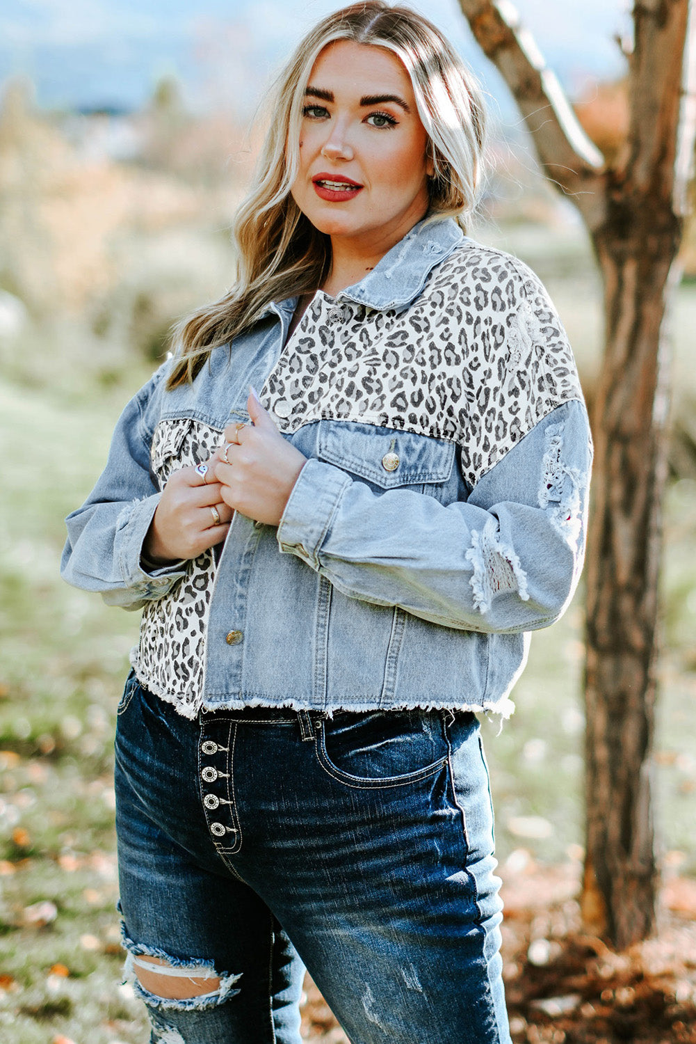 PlusSize Leopard Raw Hem Distressed Denim Jacket