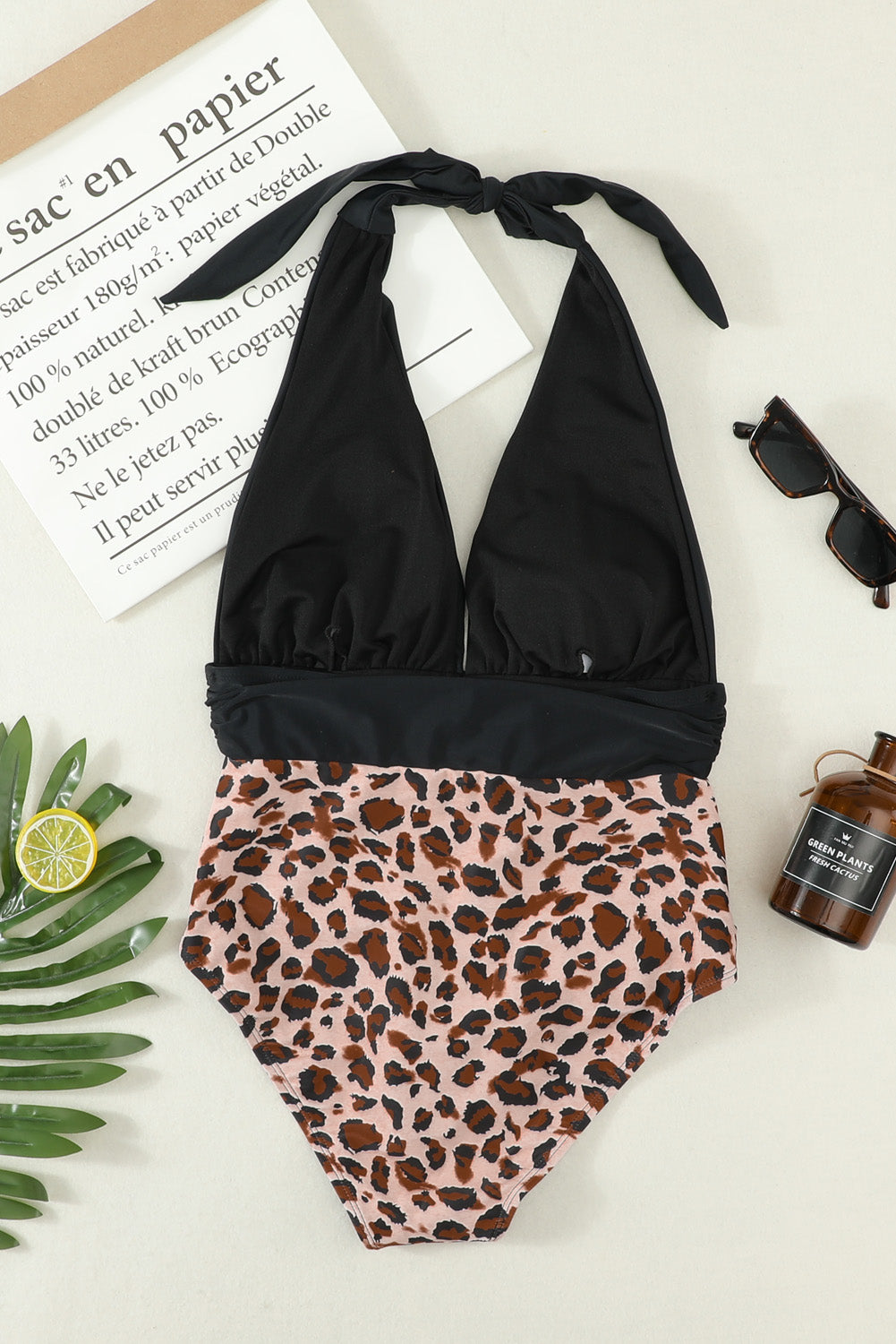 Plunge V Neck Leopard Bottom Swimsuit