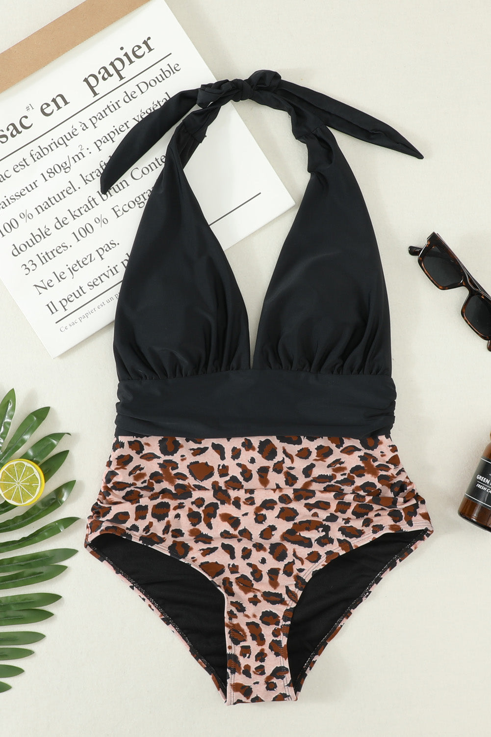 Plunge V Neck Leopard Bottom Swimsuit