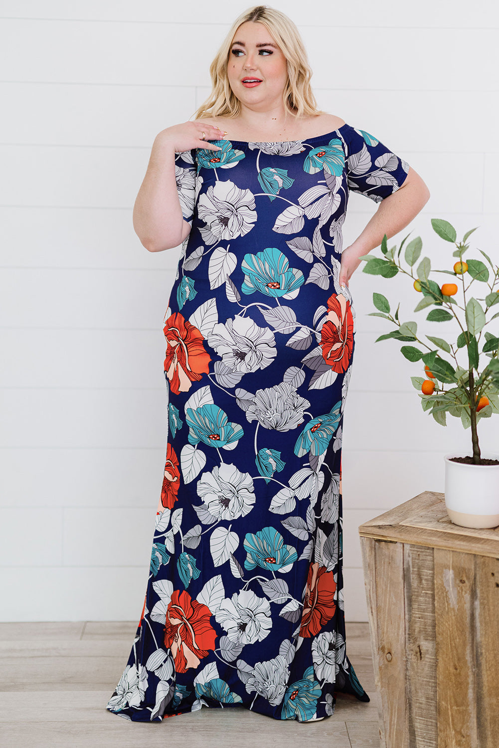 Plus Size Floral Off-Shoulder Short Sleeve Fishtail Dress