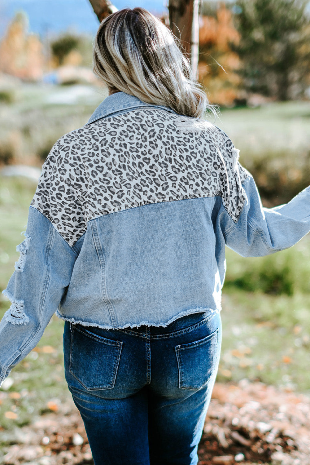 PlusSize Leopard Raw Hem Distressed Denim Jacket