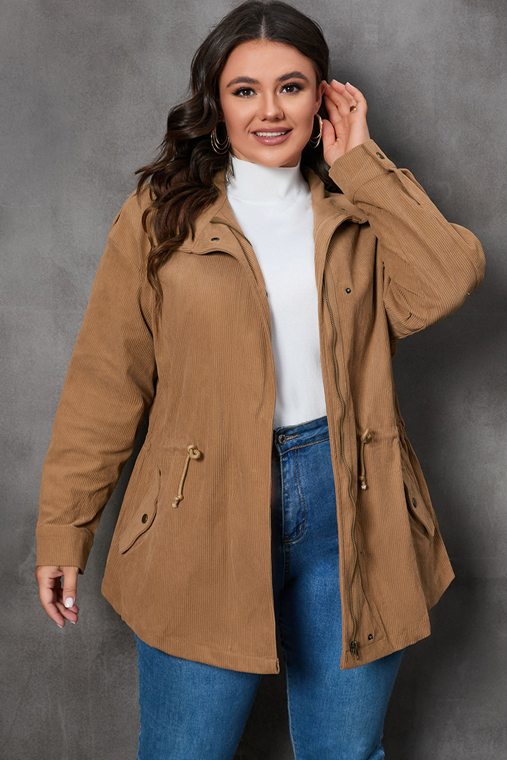 Plus Size Zipper & Snap Down Jacket