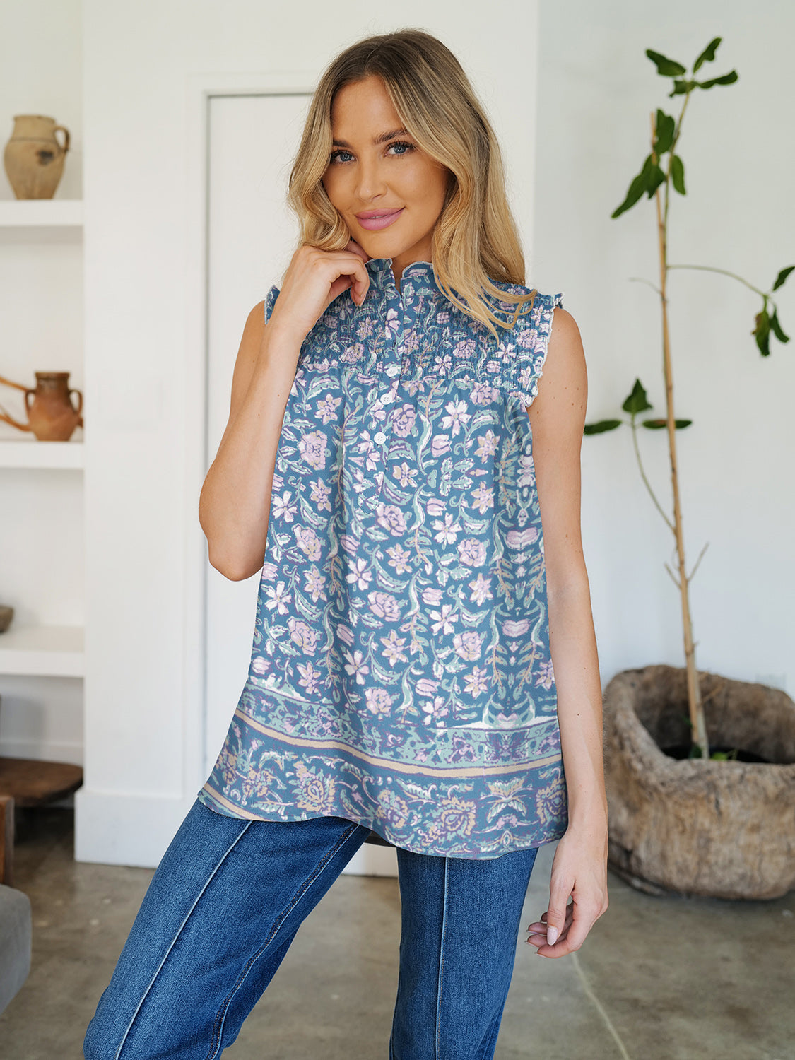 Frill Printed Mock Neck Top