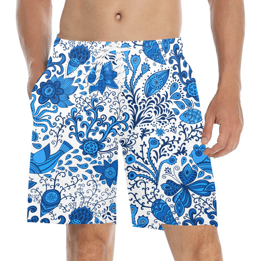 Men's Blue Print Mid-Length Beach Shorts