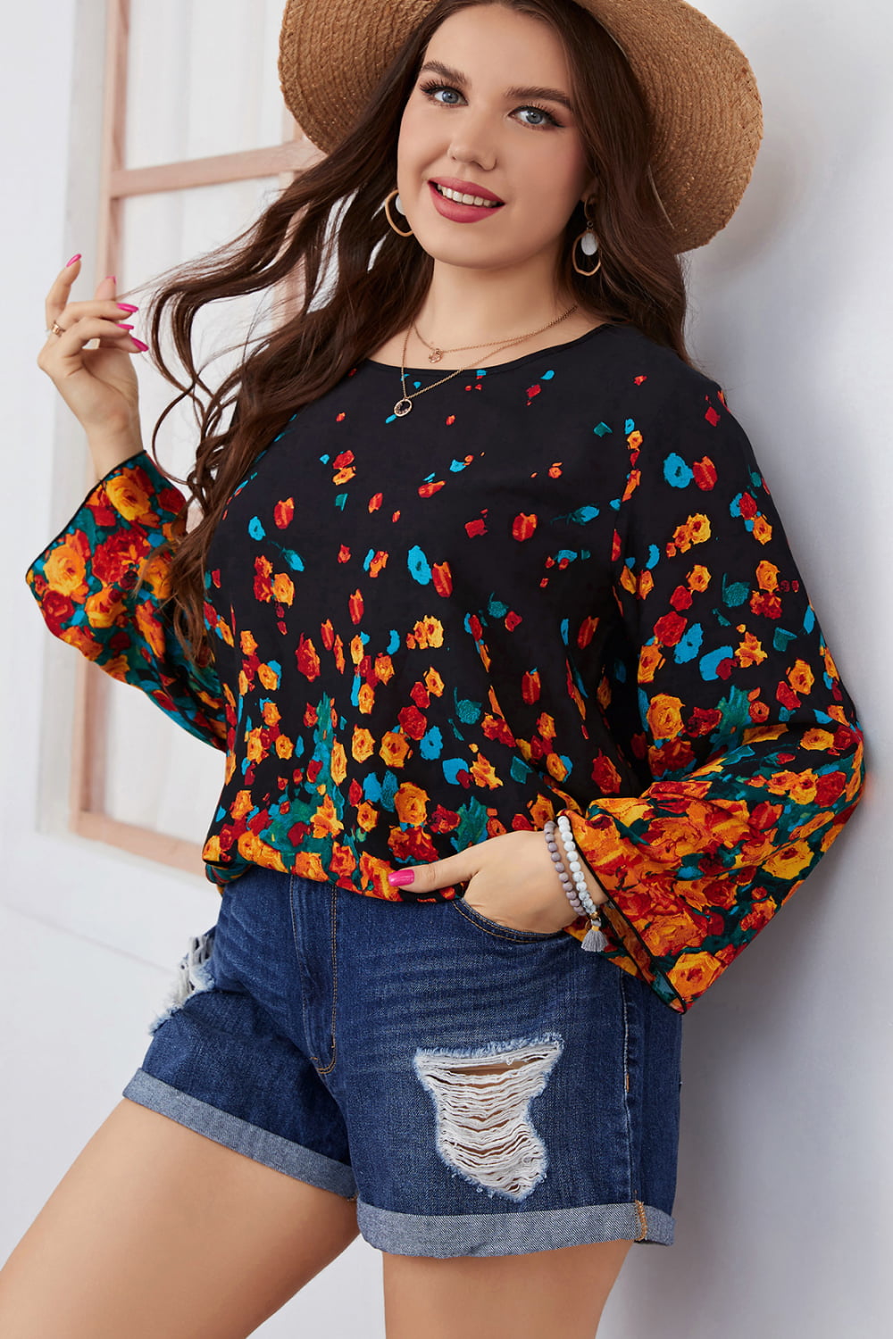 Plus Size Floral Round Neck Long Sleeve Blouse