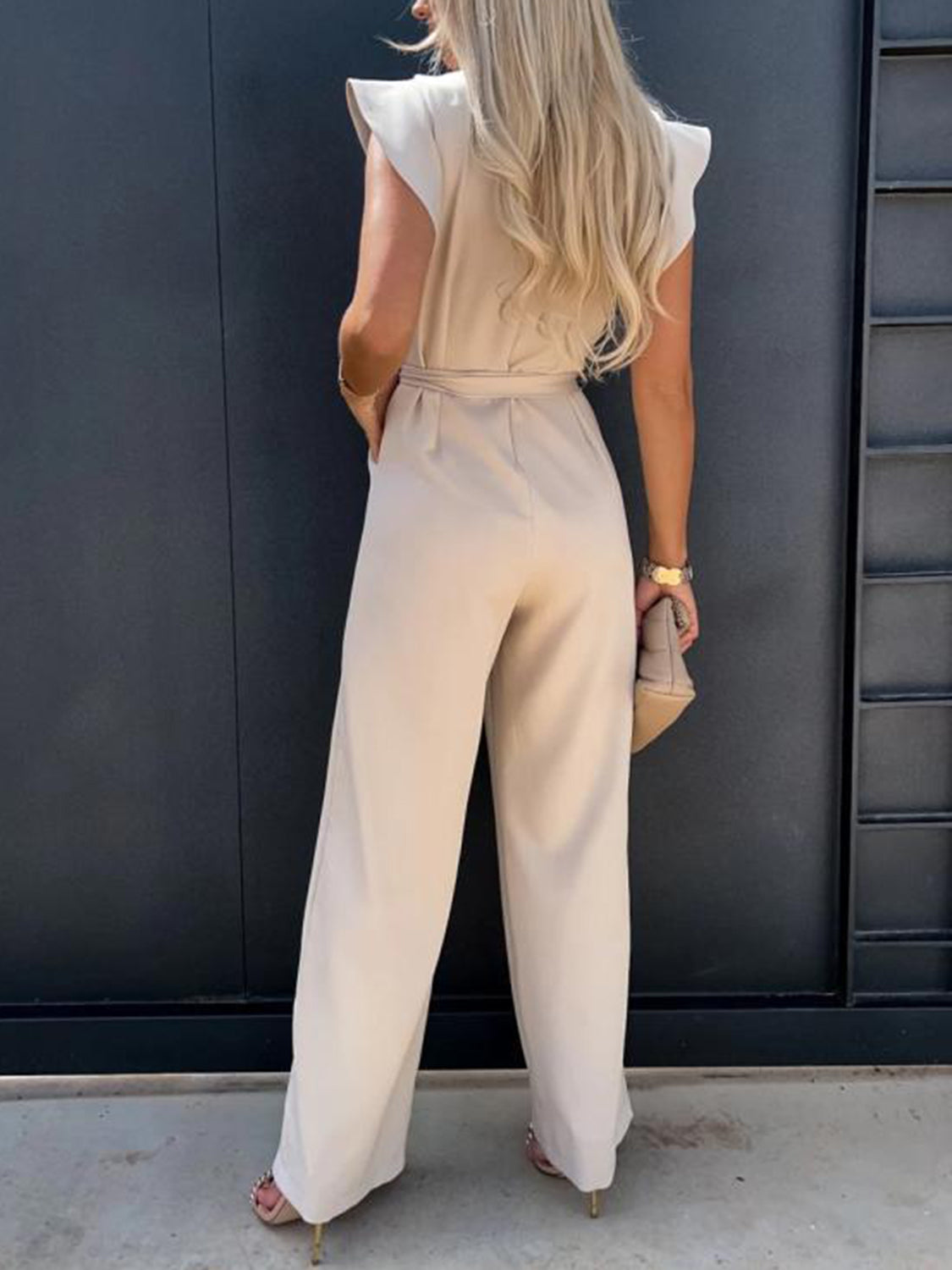 Ruffled Round Neck Cap Sleeve Jumpsuit