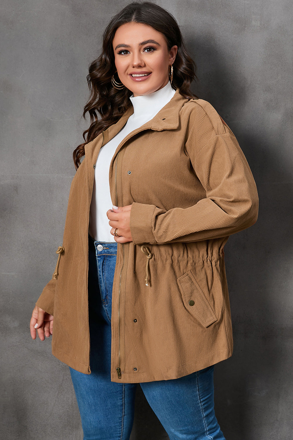 Plus Size Zipper & Snap Down Jacket