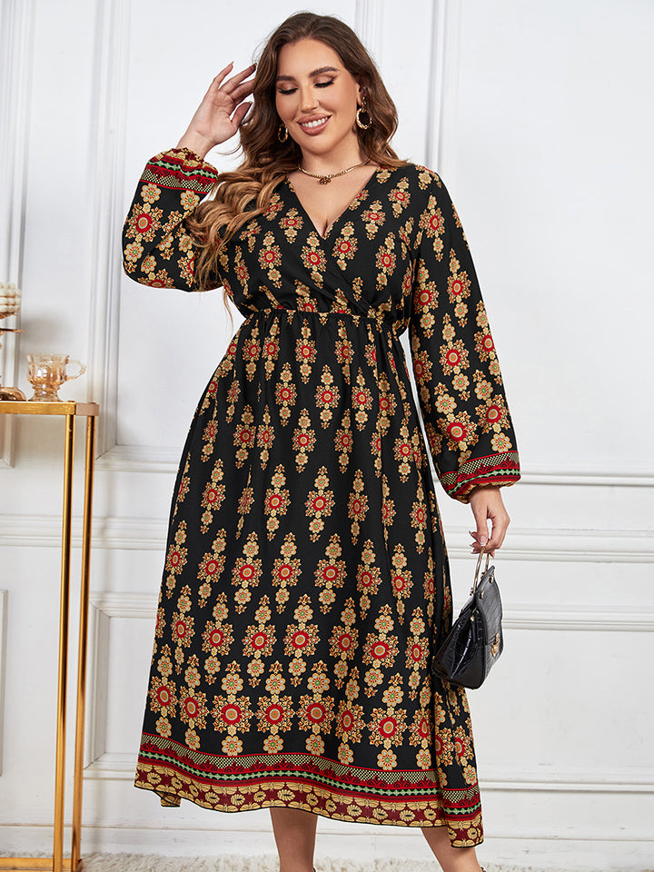 Plus Size Printed V-Neck Surplice Neck Dress