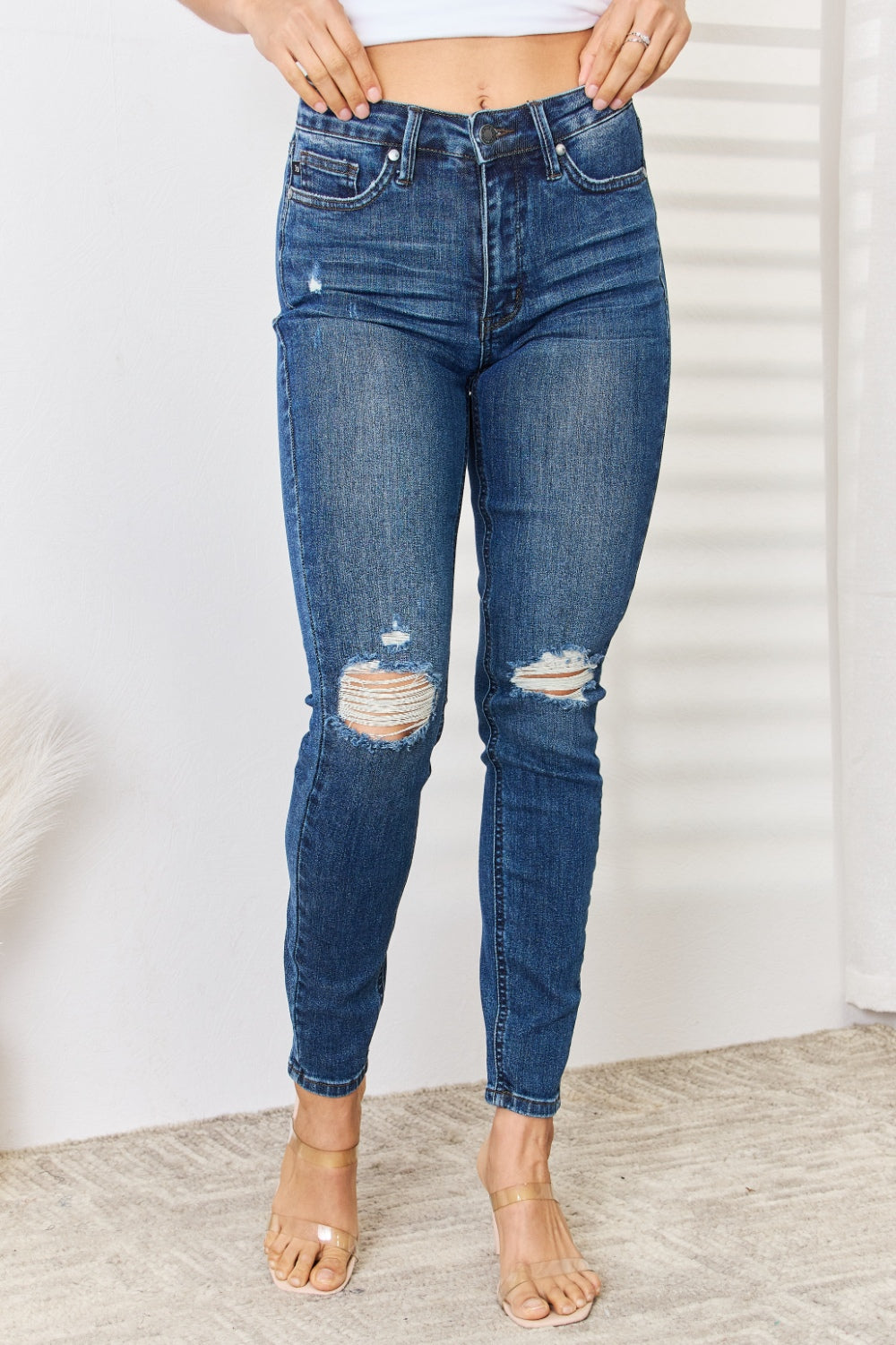 Full Size Mid Waist Distressed Slim Jeans