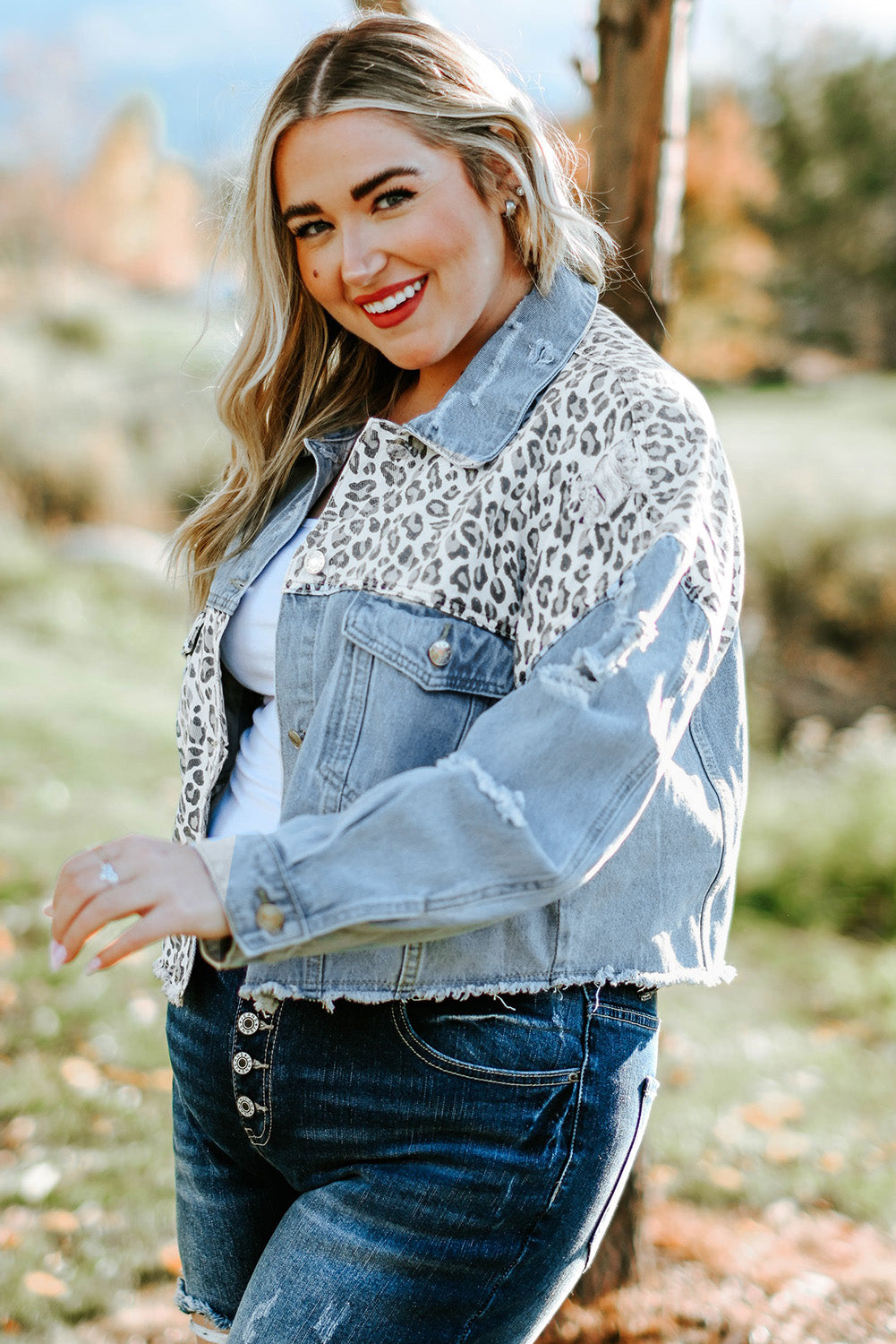 PlusSize Leopard Raw Hem Distressed Denim Jacket