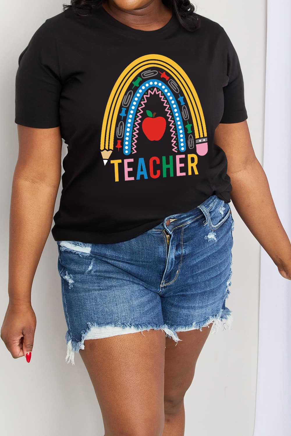 Simply Love Full Size TEACHER Rainbow Graphic Cotton Tee