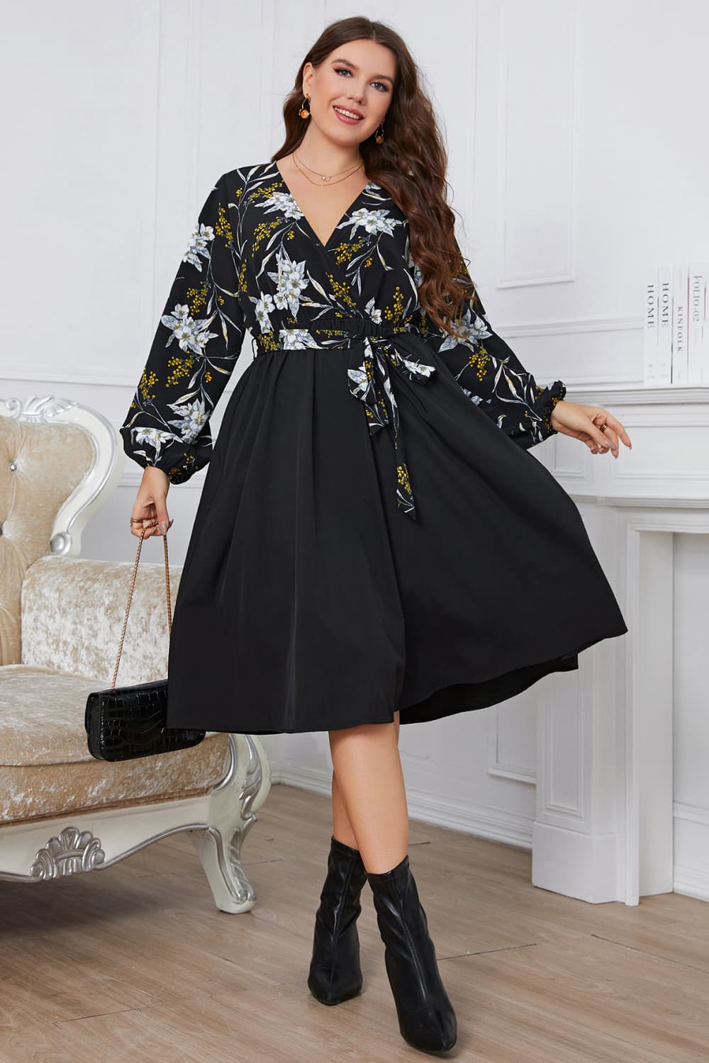 Floral Print Surplice Necktie Belt Midi Dress FF