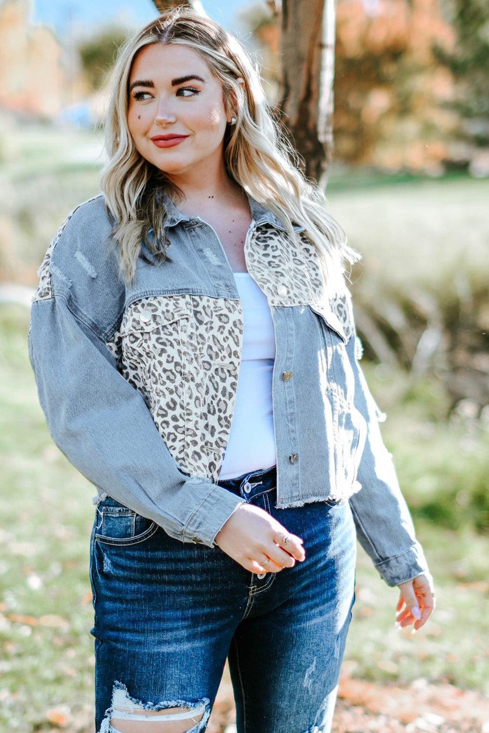 PlusSize Leopard Raw Hem Distressed Denim Jacket