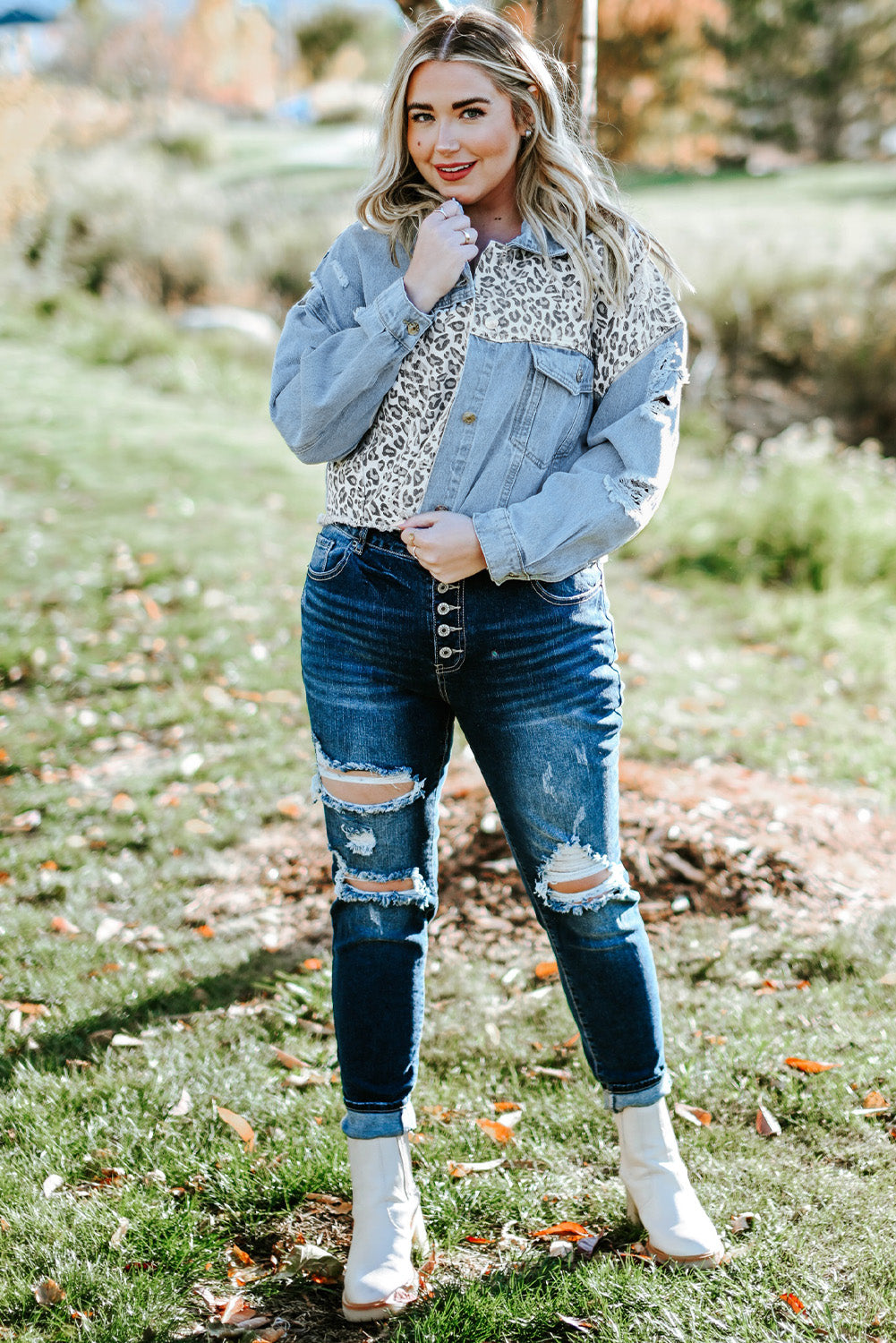 PlusSize Leopard Raw Hem Distressed Denim Jacket