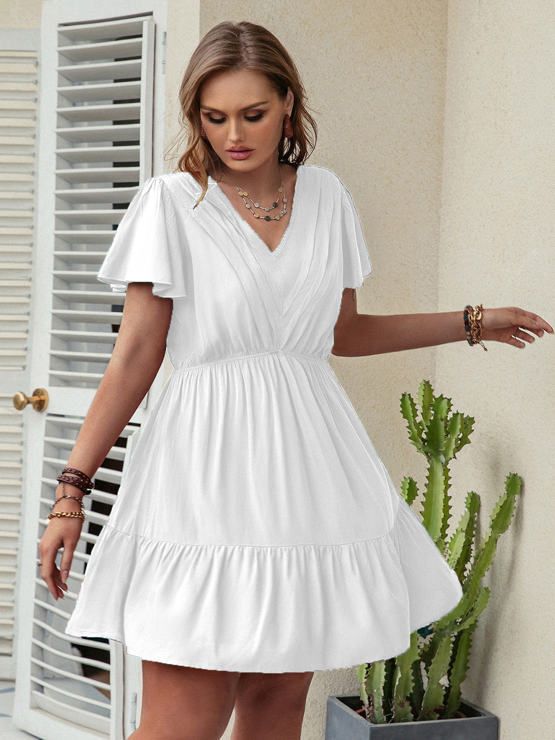 Double Take Plus Size Ruffle Hem V-Neck Short Sleeve Dress