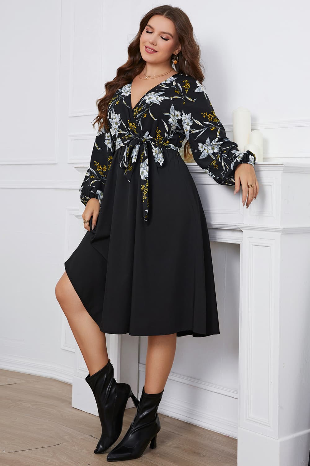 Floral Print Surplice Necktie Belt Midi Dress FF