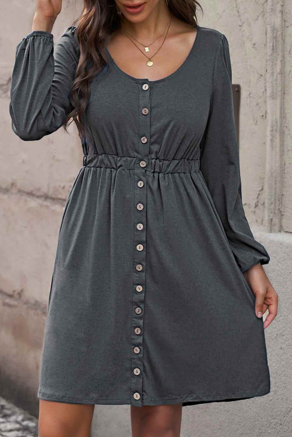 Plus Size Button Front Elastic Waist Long Sleeve Dress