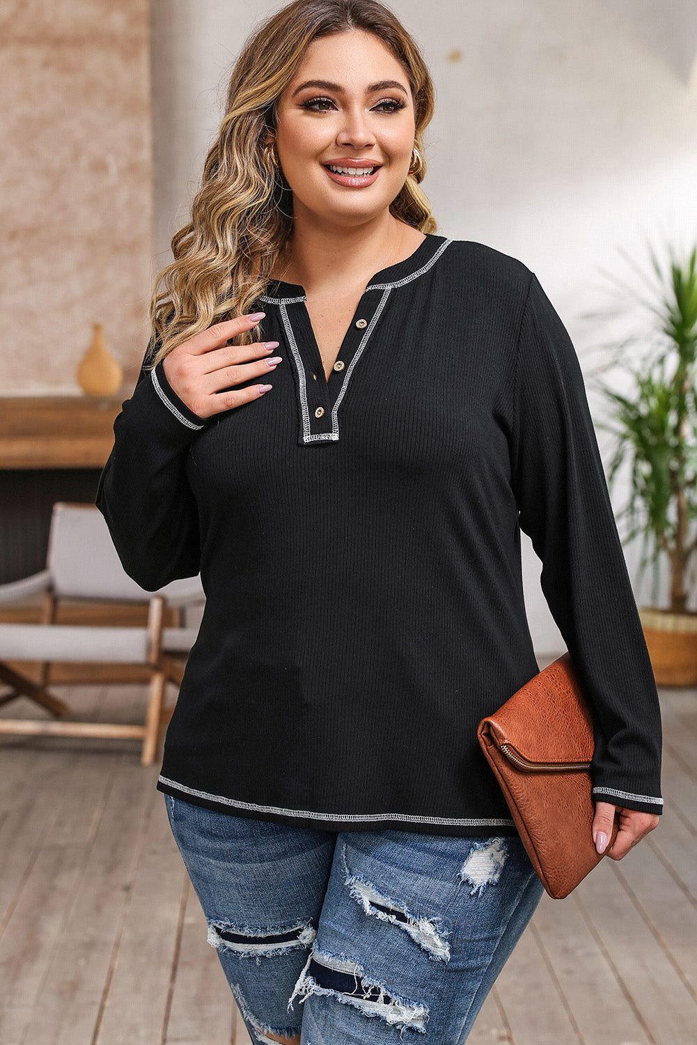 Plus Size Notched Neck Long Sleeve T-Shirt