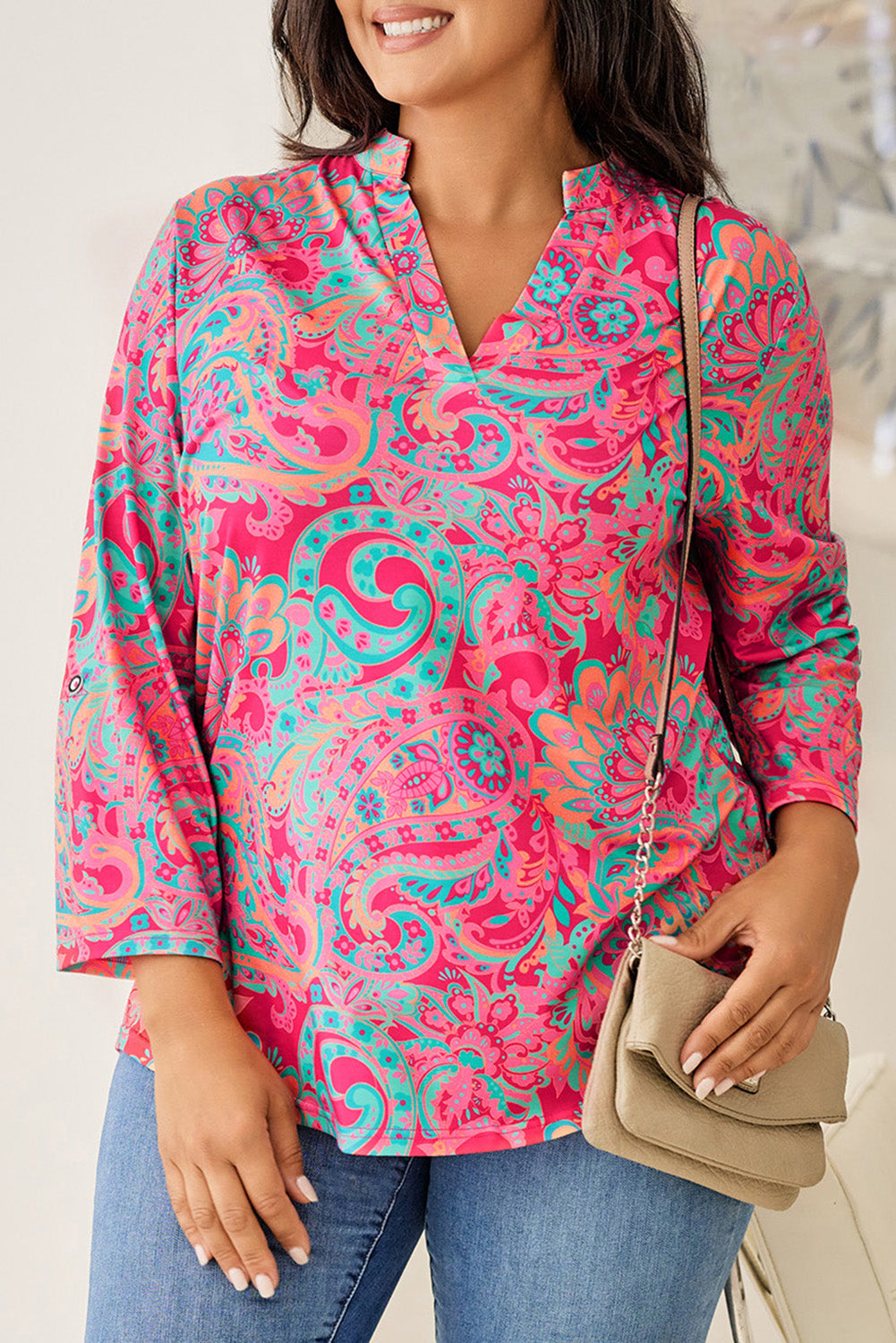 Plus Size Printed Notched Long Sleeve Blouse