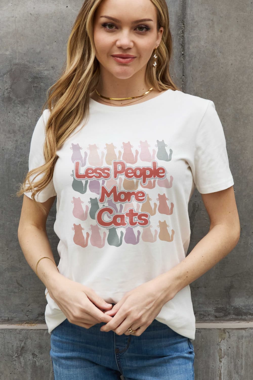 Simply Love Full Size LESS PEOPLE MORE CATS Graphic Cotton Tee