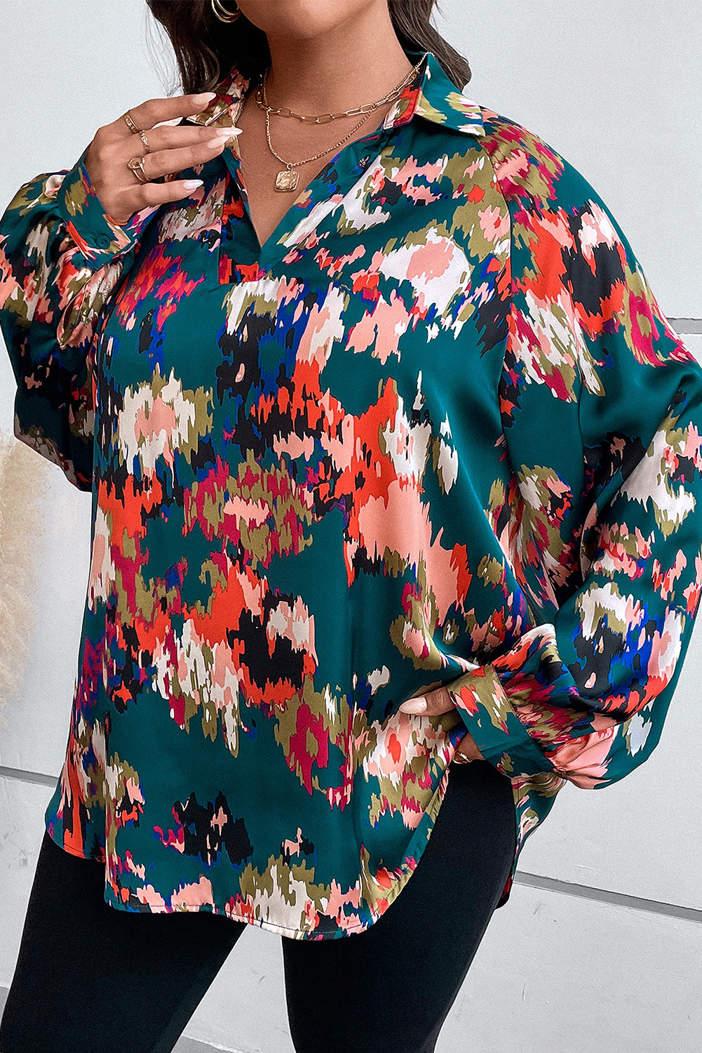 Plus Size Printed Johnny Collar L/S Blouse