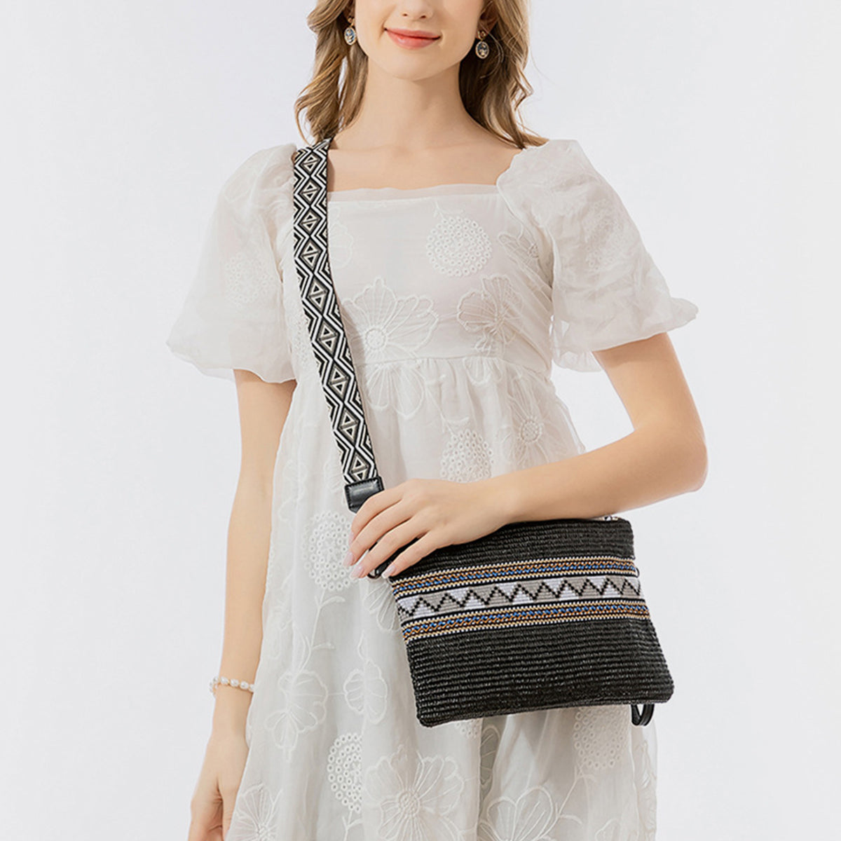 Geometric Straw Weave Crossbody Bag