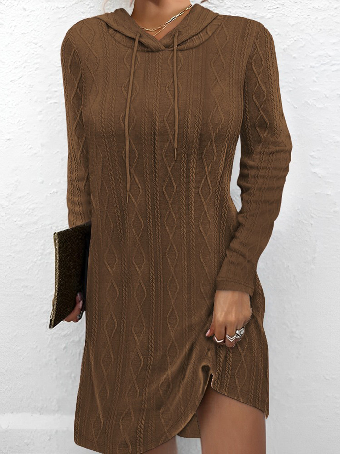 Textured Drawstring L/S Hooded Dress