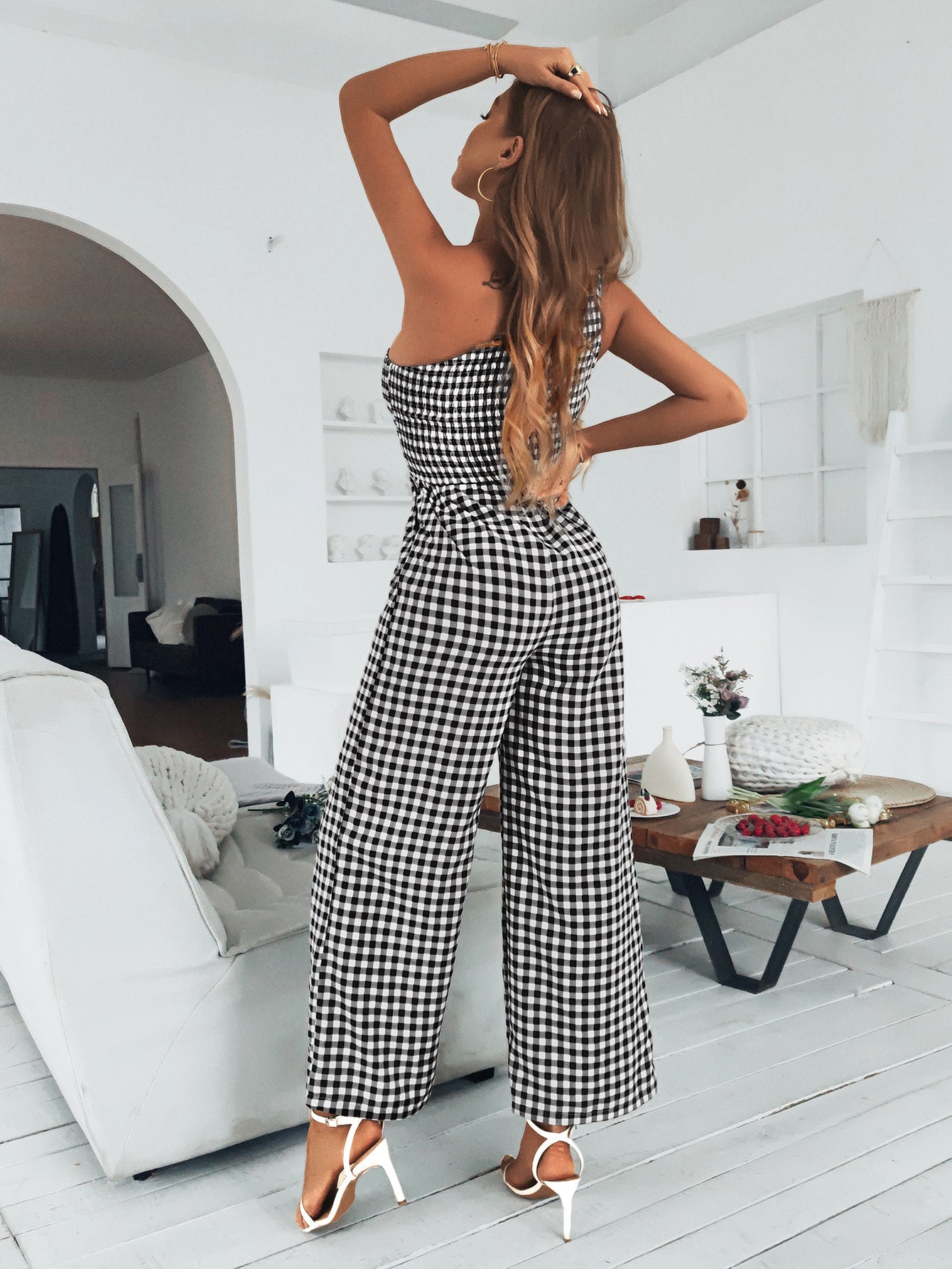 Plaid One-Shoulder Jumpsuit