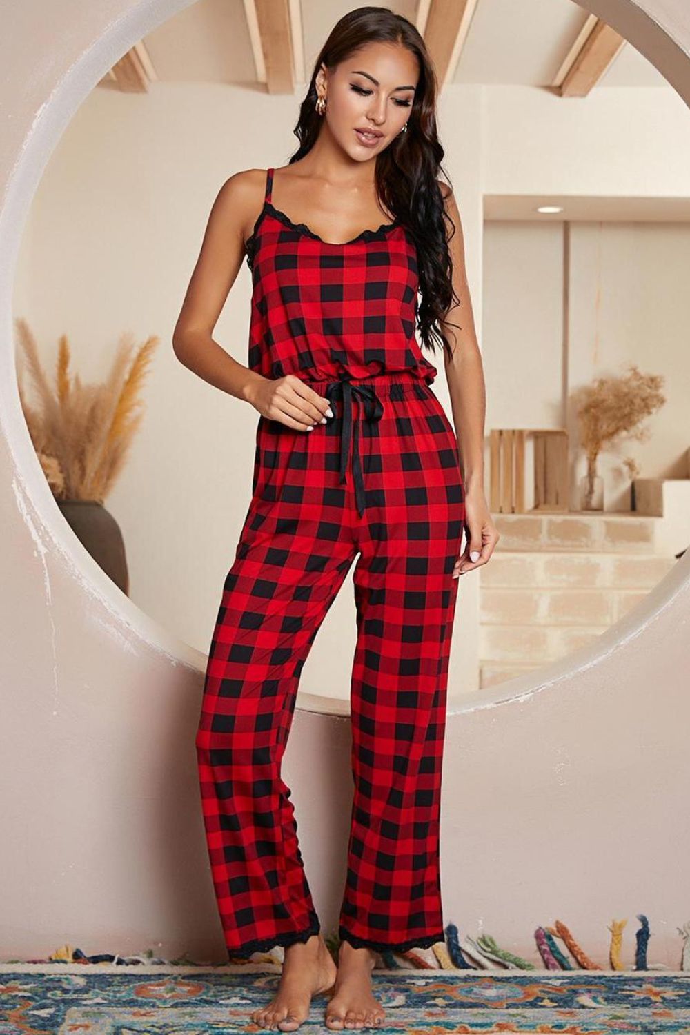 Plaid Lace Trim Jumpsuit