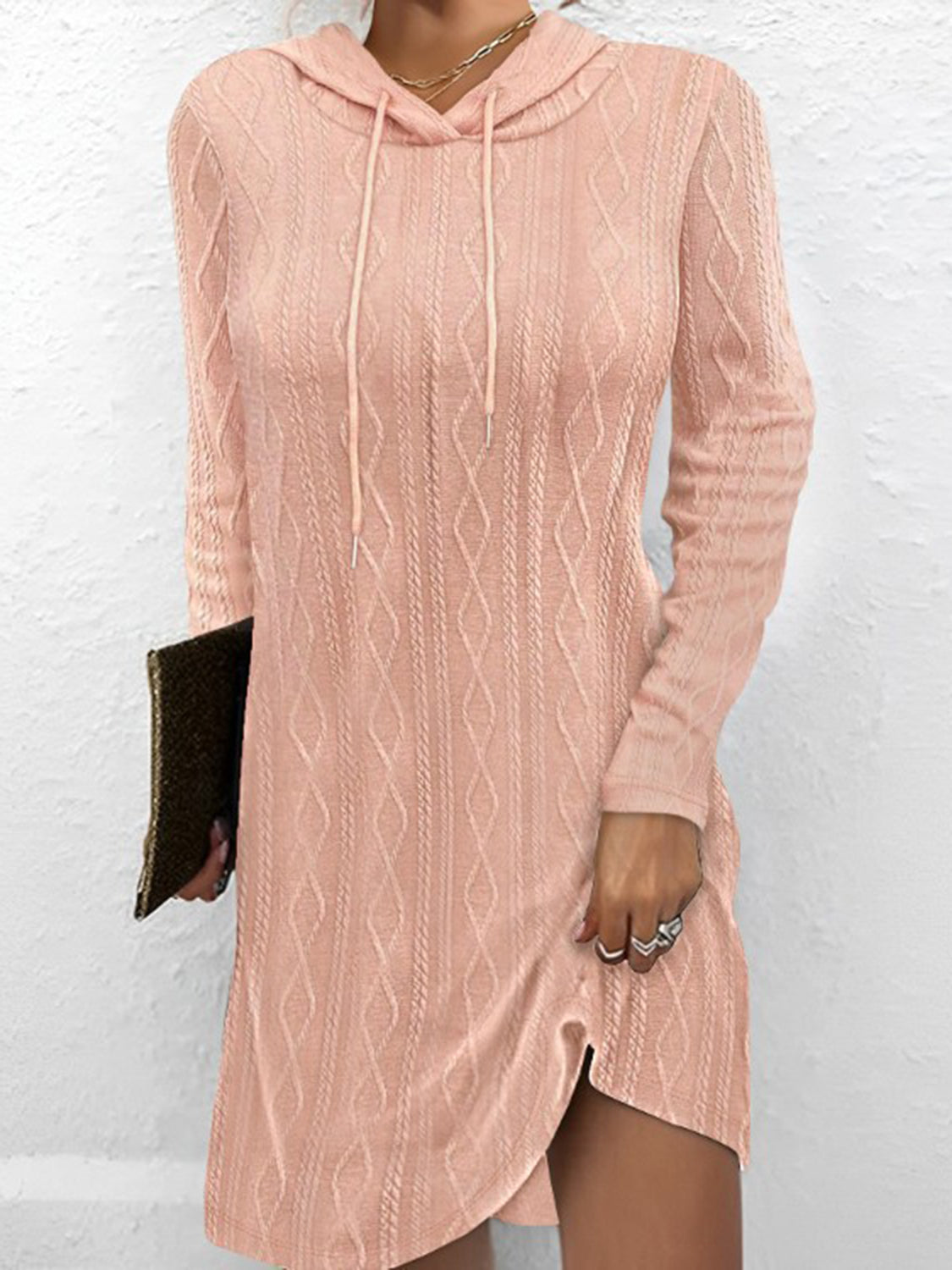 Textured Drawstring L/S Hooded Dress