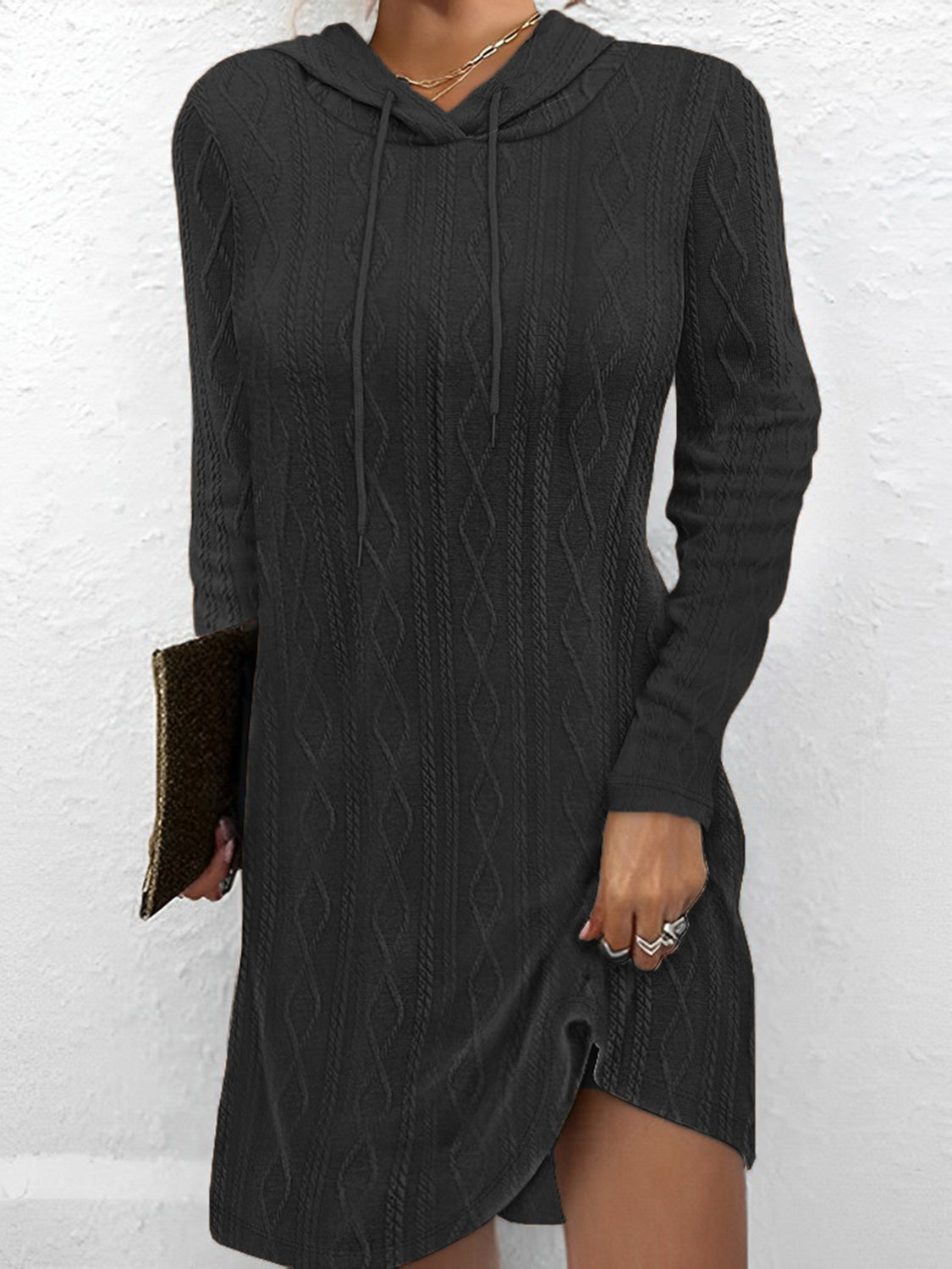 Textured Drawstring L/S Hooded Dress