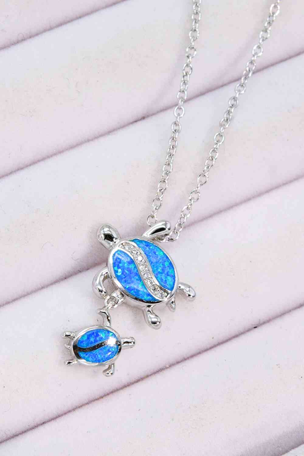 Turtle Pendant Necklace-Blue Opal/Circon/925 Sterling Silver