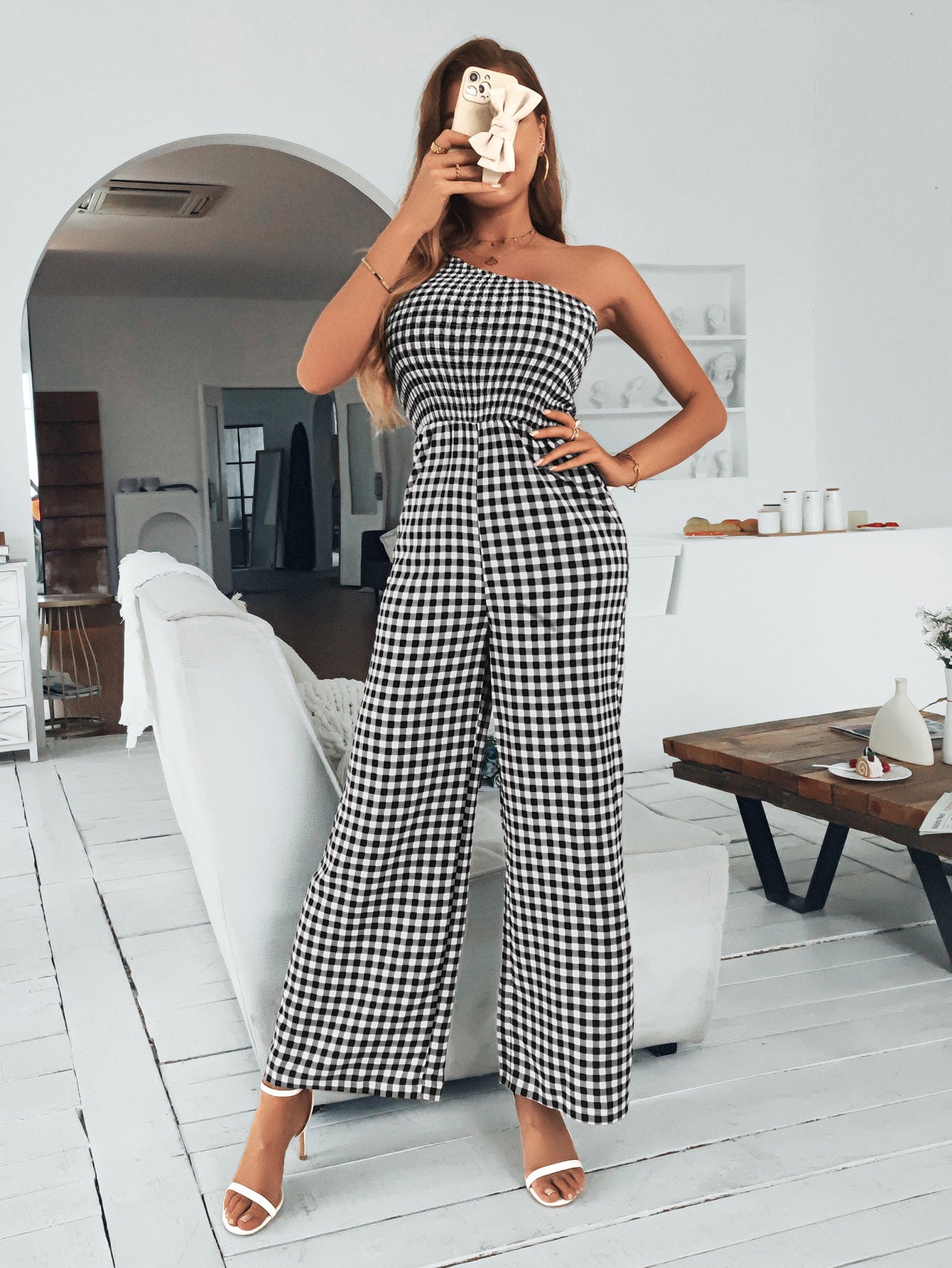 Plaid One-Shoulder Jumpsuit