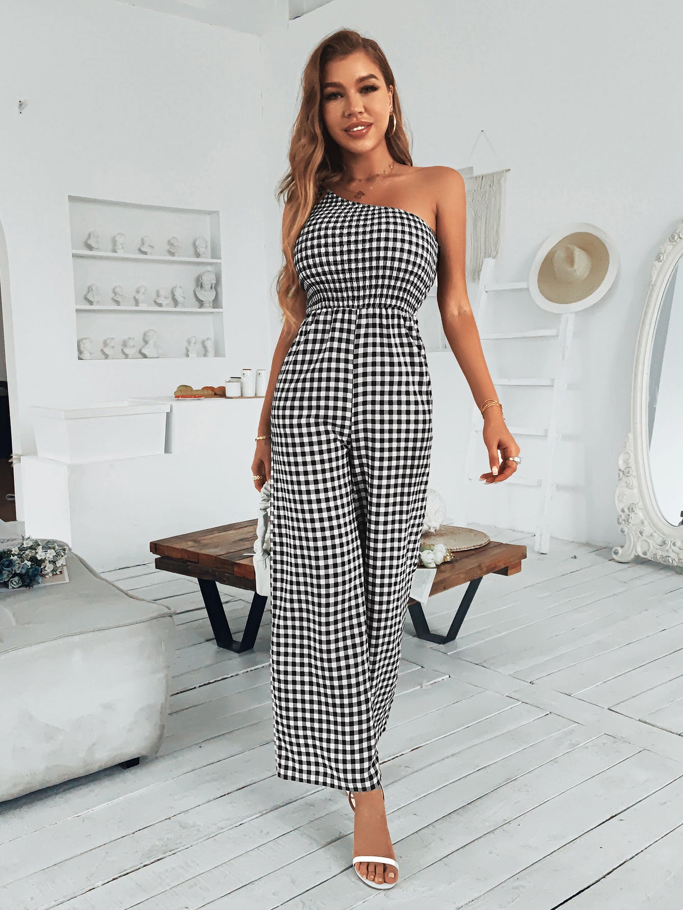 Plaid One-Shoulder Jumpsuit