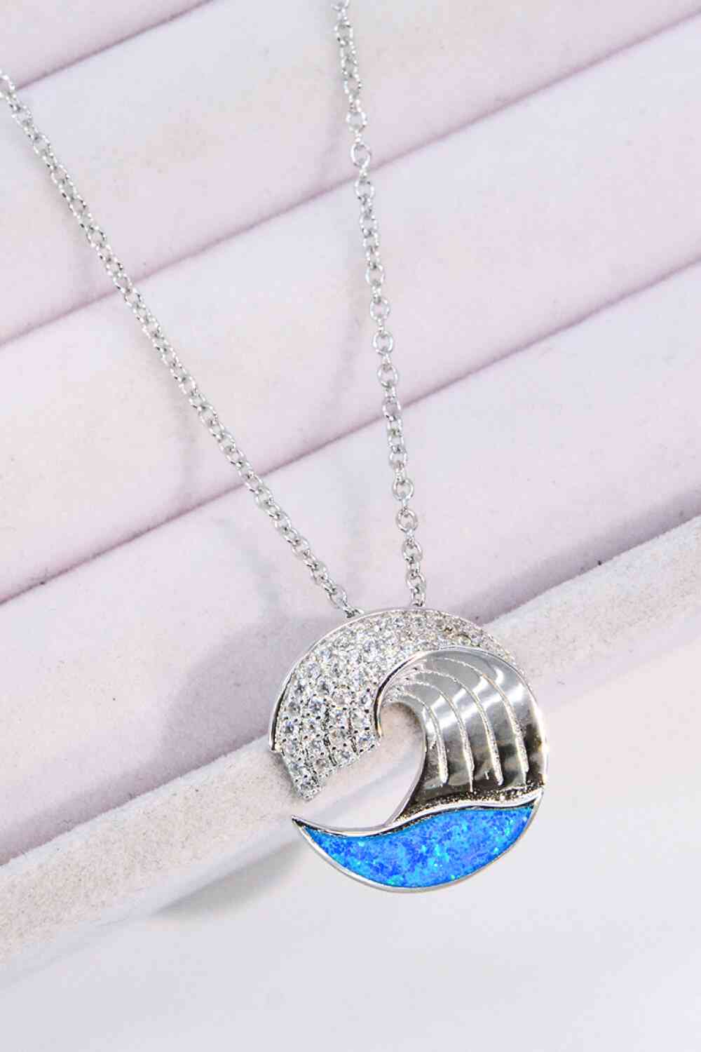 Wave Pendant Necklace-Blue Opal/Circon/925 Sterling Silver