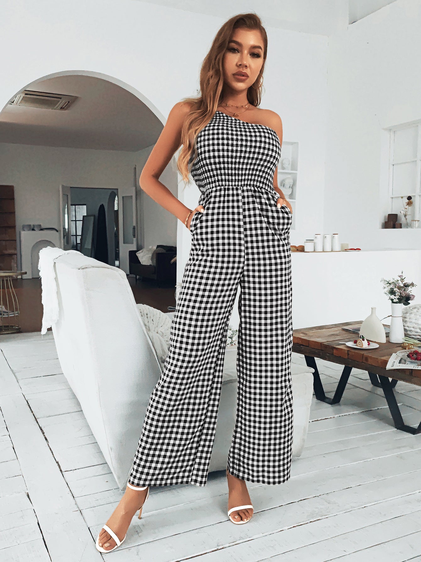 Plaid One-Shoulder Jumpsuit