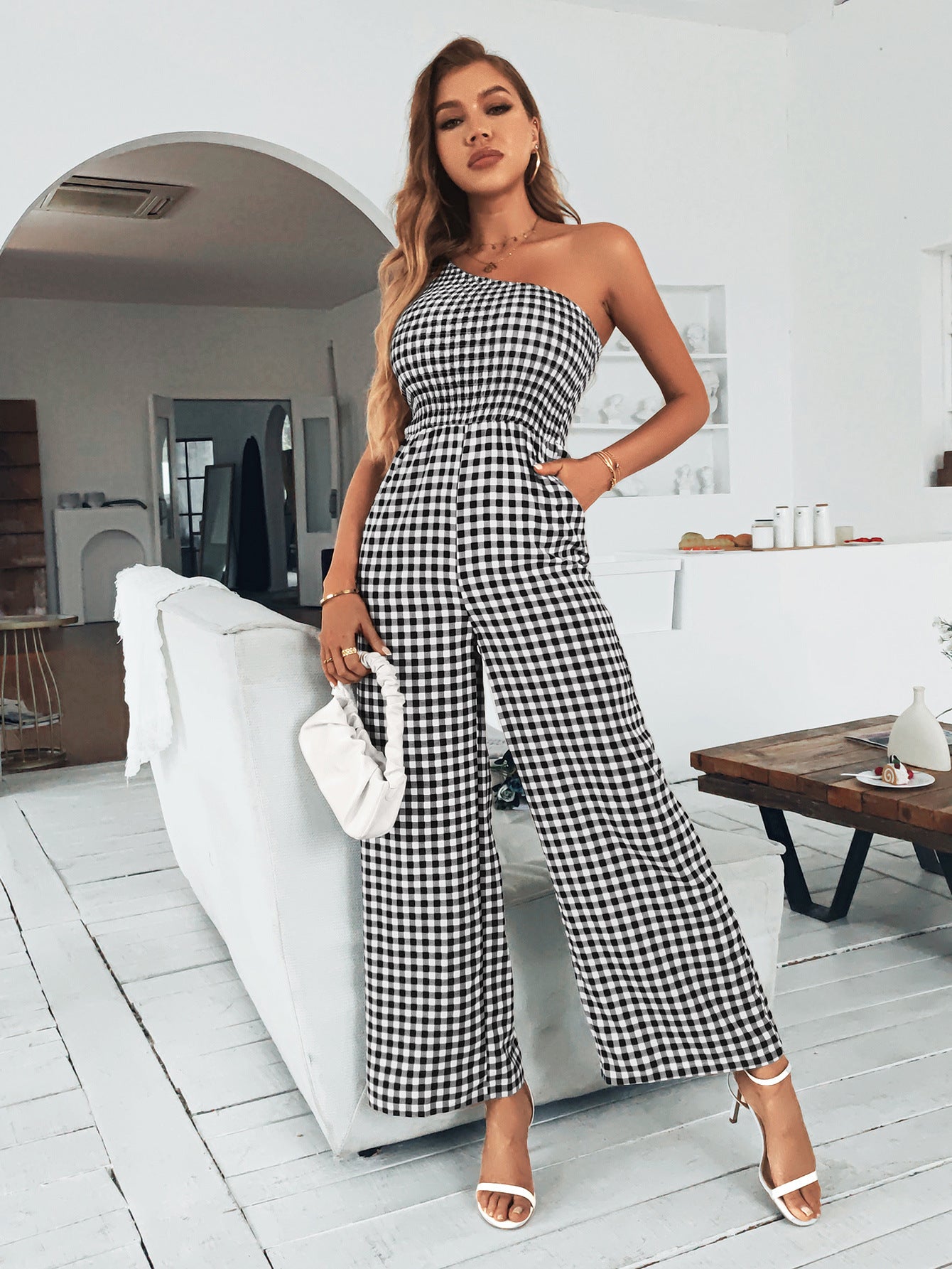 Plaid One-Shoulder Jumpsuit