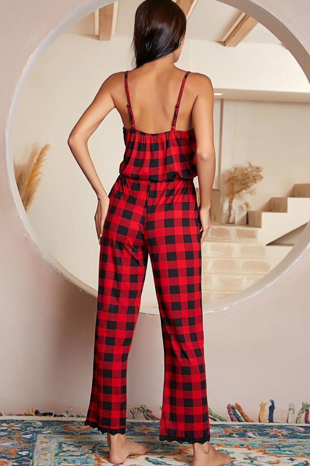 Plaid Lace Trim Jumpsuit