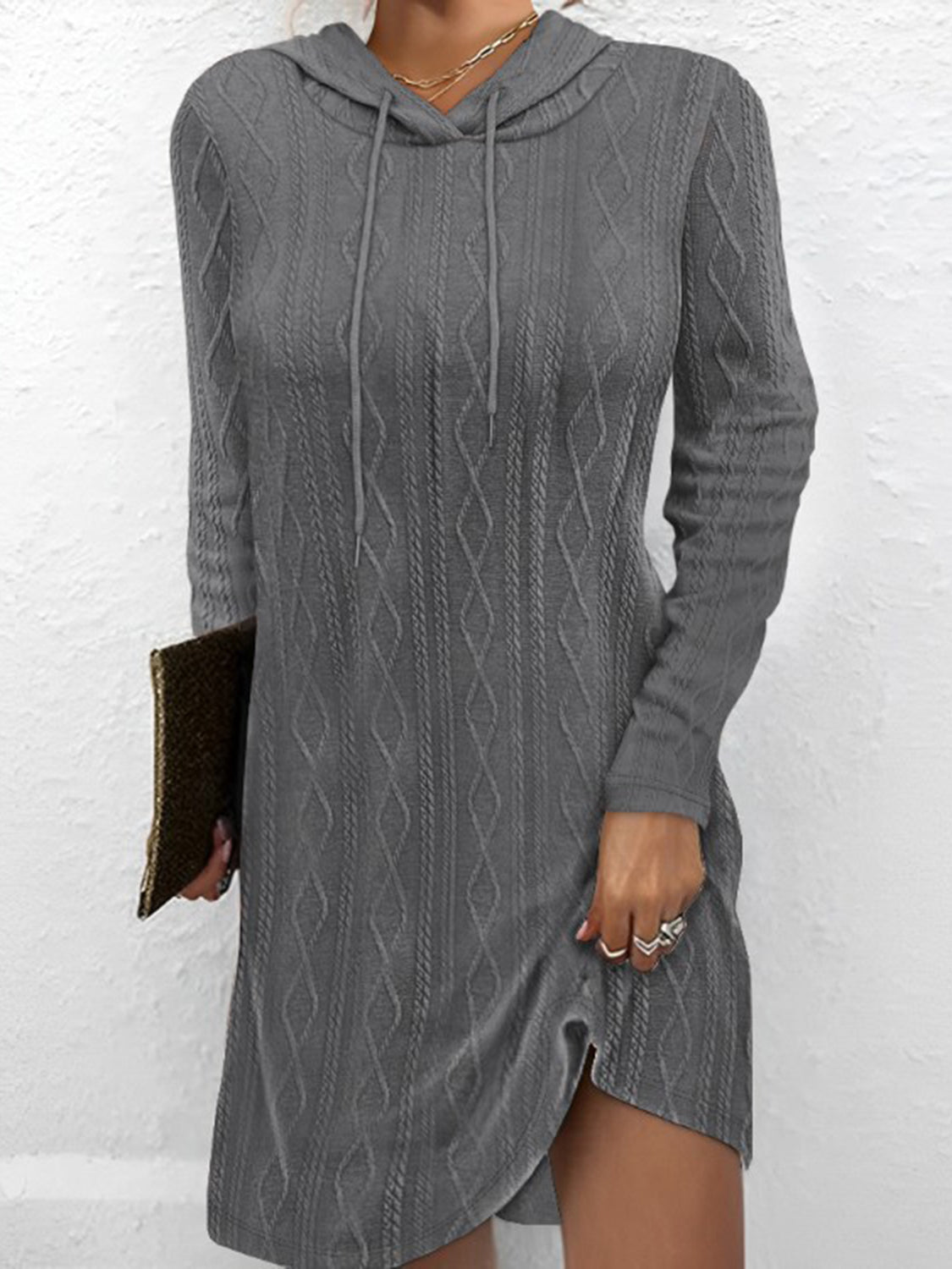 Textured Drawstring L/S Hooded Dress