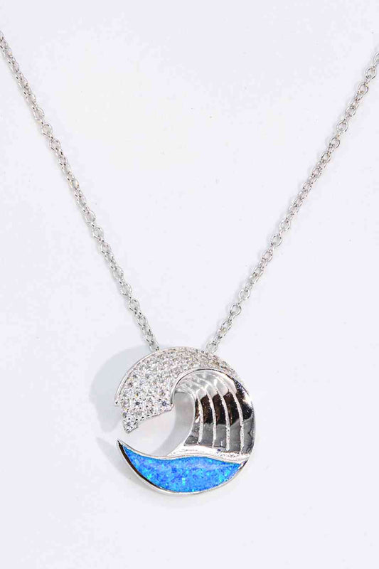 Wave Pendant Necklace-Blue Opal/Circon/925 Sterling Silver